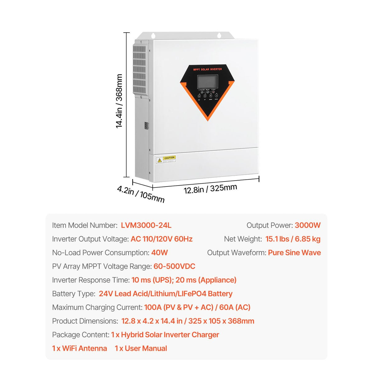 Hybrid Solar Inverter, 3000W, All in One Pure Sine Wave Power Inverter Charger, 24V DC to 110/120V AC, with Built-in 100A MPPT Solar Controller, for Off-Grid System Lead Acid Lithium Battery