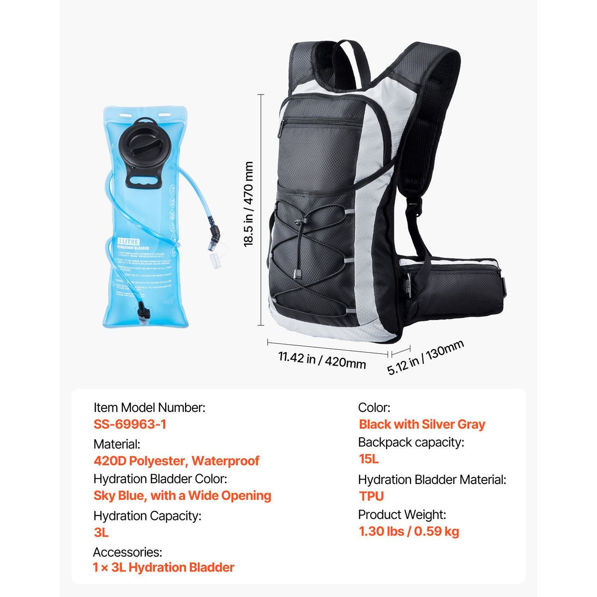 Hydration Backpack, 15L Insulated Hydration Pack Backpack with 3L TPU Water Bladder, Hiking Water Backpack with Storage for Men Women, Hydro Water Daypack