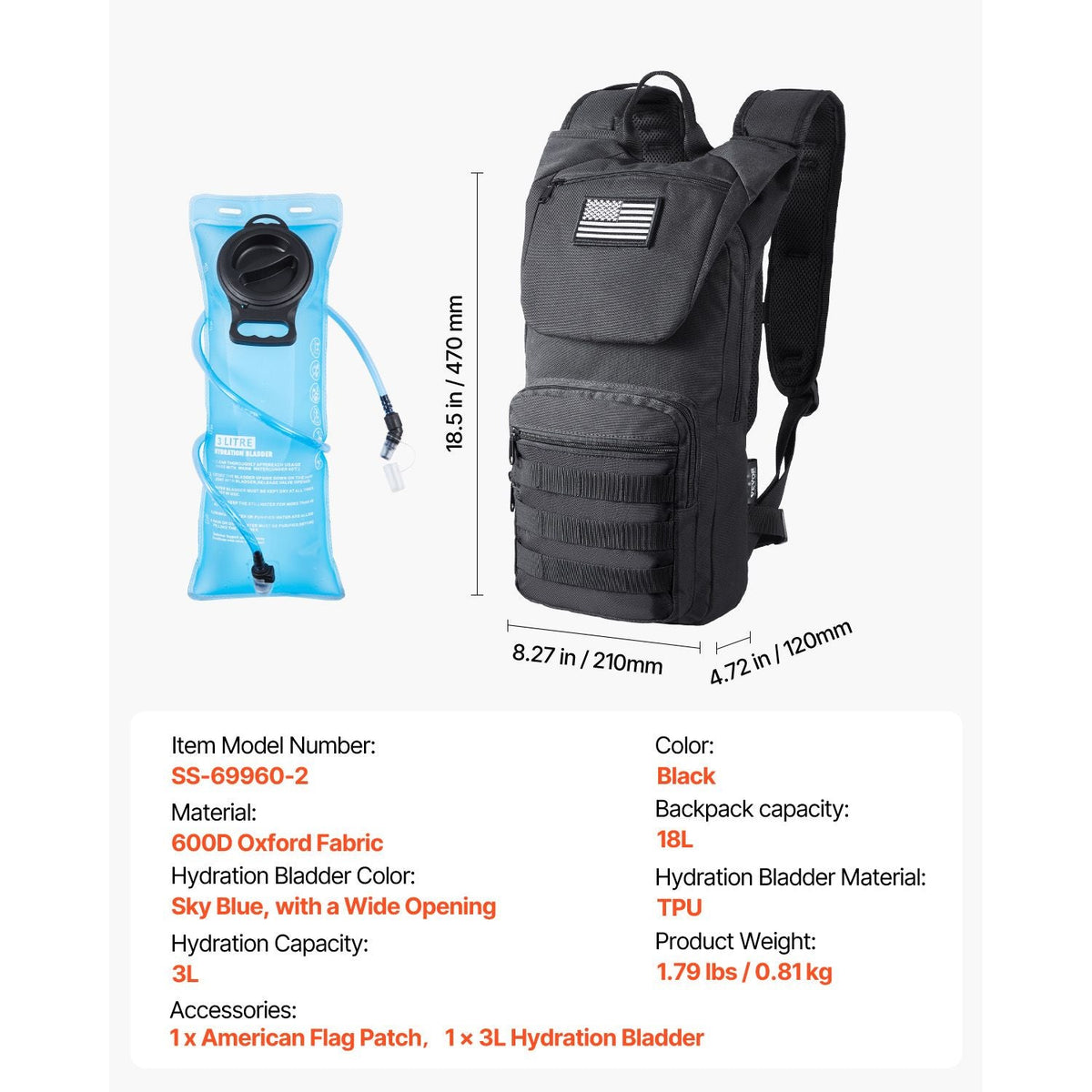 Hydration Backpack, Water Backpack with 3L TPU Water Bladder, Tactical Molle Hiking Hydration Pack with Storage for Men Women, Hydro Water Daypack for Hiking Running Cycling Camping