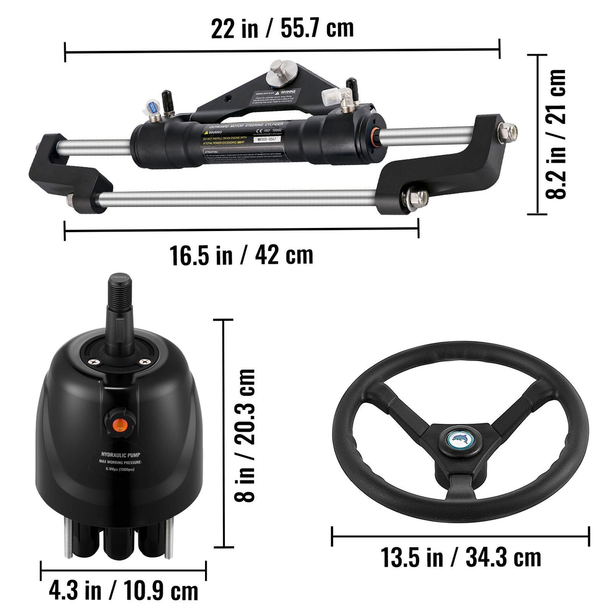 Hydraulic Boat Steering Kit, 300HP Hydraulic Steering Kit Helm Pump, Cylinder, Wheel, 18 Feet Hose Hydraulic Steering Seal Kit, Corrosion-Resistant Boat Steering System Marine Steering Kit