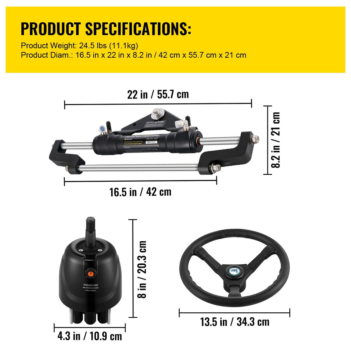 Hydraulic Boat Steering Kit, 300HP Hydraulic Steering Kit Helm Pump, Cylinder, Wheel, 18 Feet Hose Hydraulic Steering Seal Kit, Corrosion-Resistant Boat Steering System Marine Steering Kit