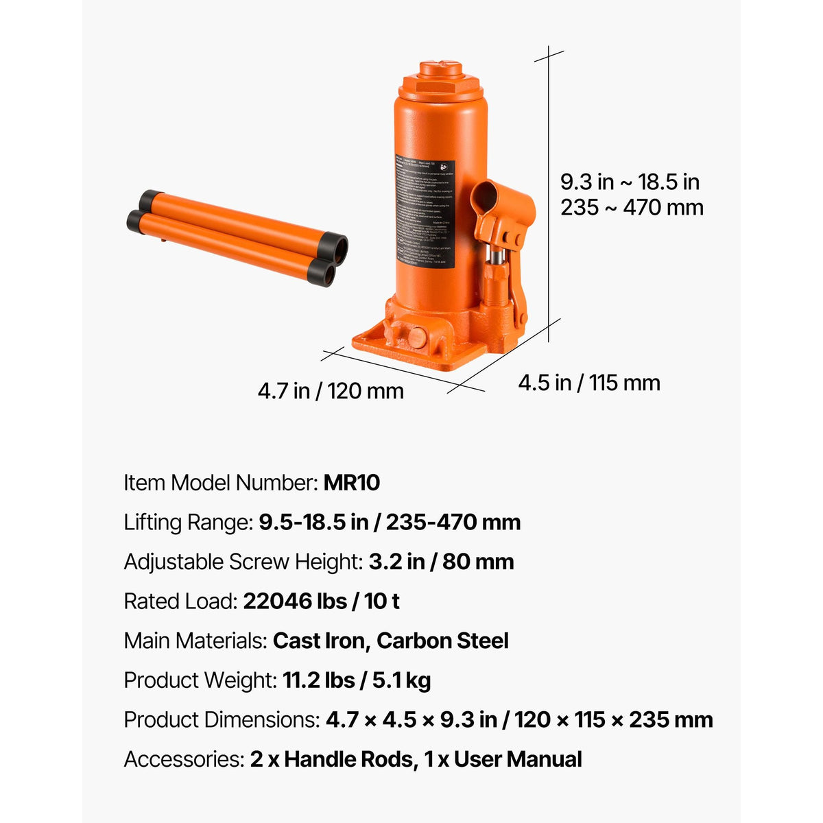 Hydraulic Bottle Jack, 10 Ton (22046 lbs) Capacity, 9.3-18.5 Inch Lifting Range, Heavy Duty Welded Bottle Jack for Car, SUV, Pickup, Auto Repair, House Lift and Agricultural Equipment, Orange