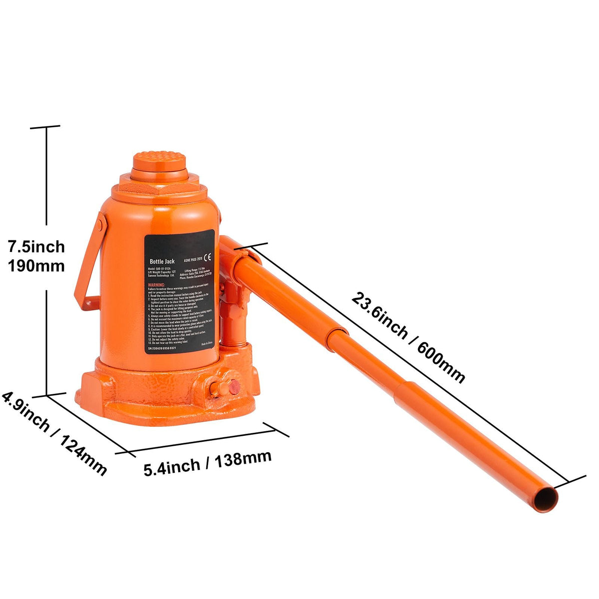 Hydraulic Bottle Jack, 12 Ton/26455 LBS All Welded Bottle Jack, 7.5-14 inch Lifting Range, with 3-section Long Handle, for Pickup Truck, Truck, Car, RV, Auto Repair, Industrial Engineering