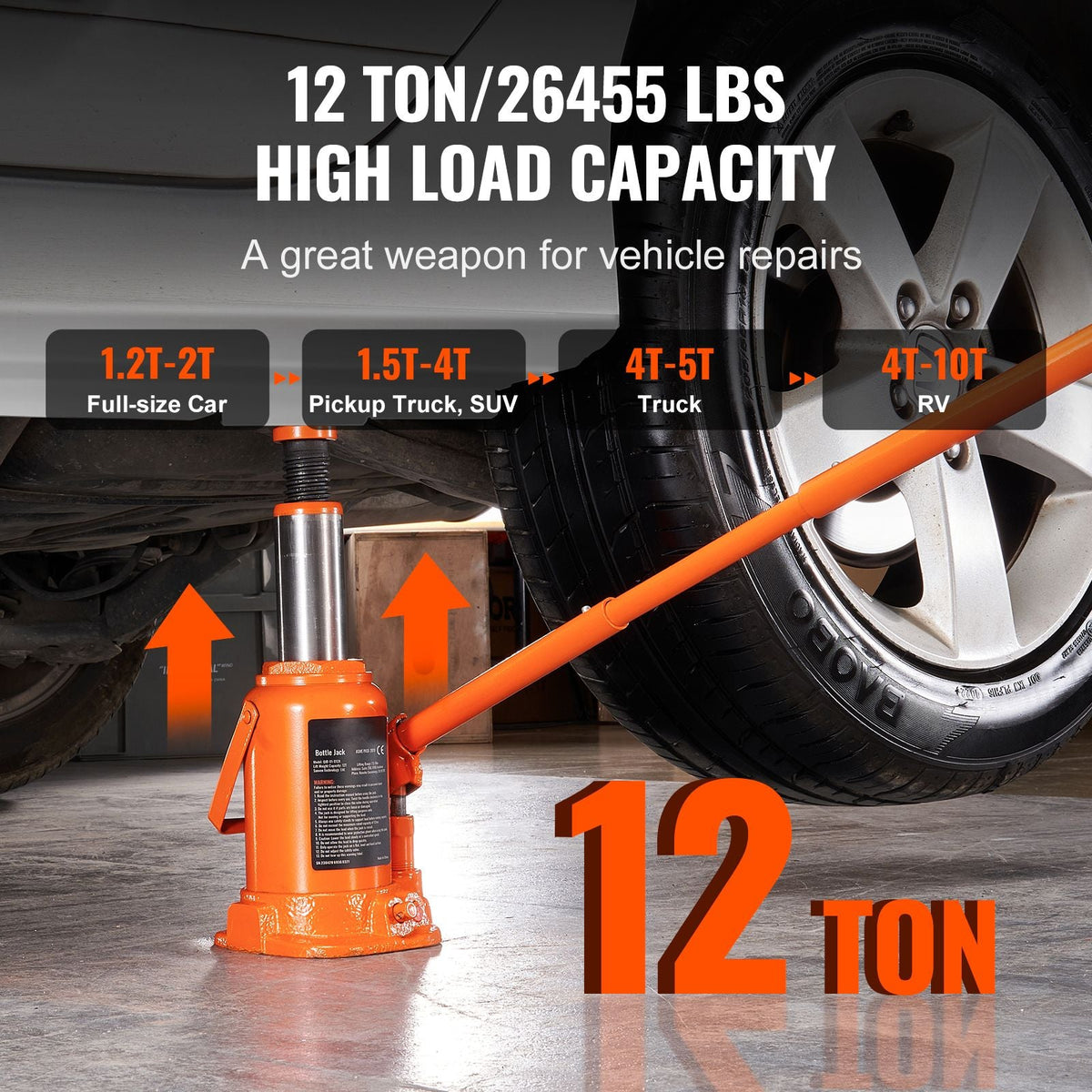 Hydraulic Bottle Jack, 12 Ton/26455 LBS All Welded Bottle Jack, 7.5-14 inch Lifting Range, with 3-section Long Handle, for Pickup Truck, Truck, Car, RV, Auto Repair, Industrial Engineering