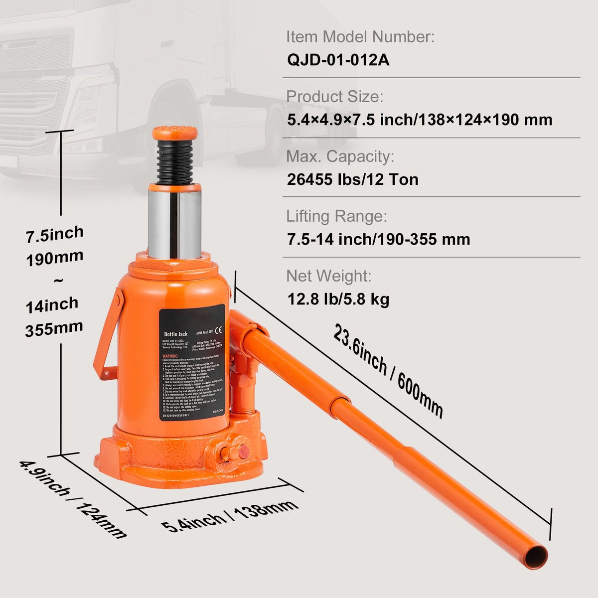 Hydraulic Bottle Jack, 12 Ton/26455 LBS All Welded Bottle Jack, 7.5-14 inch Lifting Range, with 3-section Long Handle, for Pickup Truck, Truck, Car, RV, Auto Repair, Industrial Engineering
