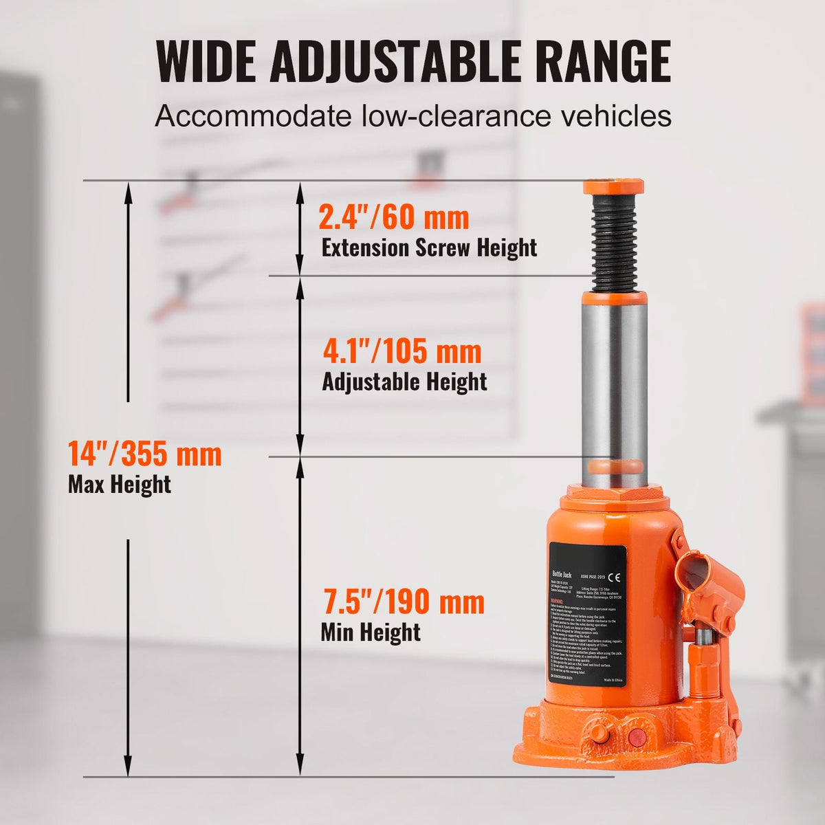 Hydraulic Bottle Jack, 12 Ton/26455 LBS All Welded Bottle Jack, 7.5-14 inch Lifting Range, with 3-section Long Handle, for Pickup Truck, Truck, Car, RV, Auto Repair, Industrial Engineering