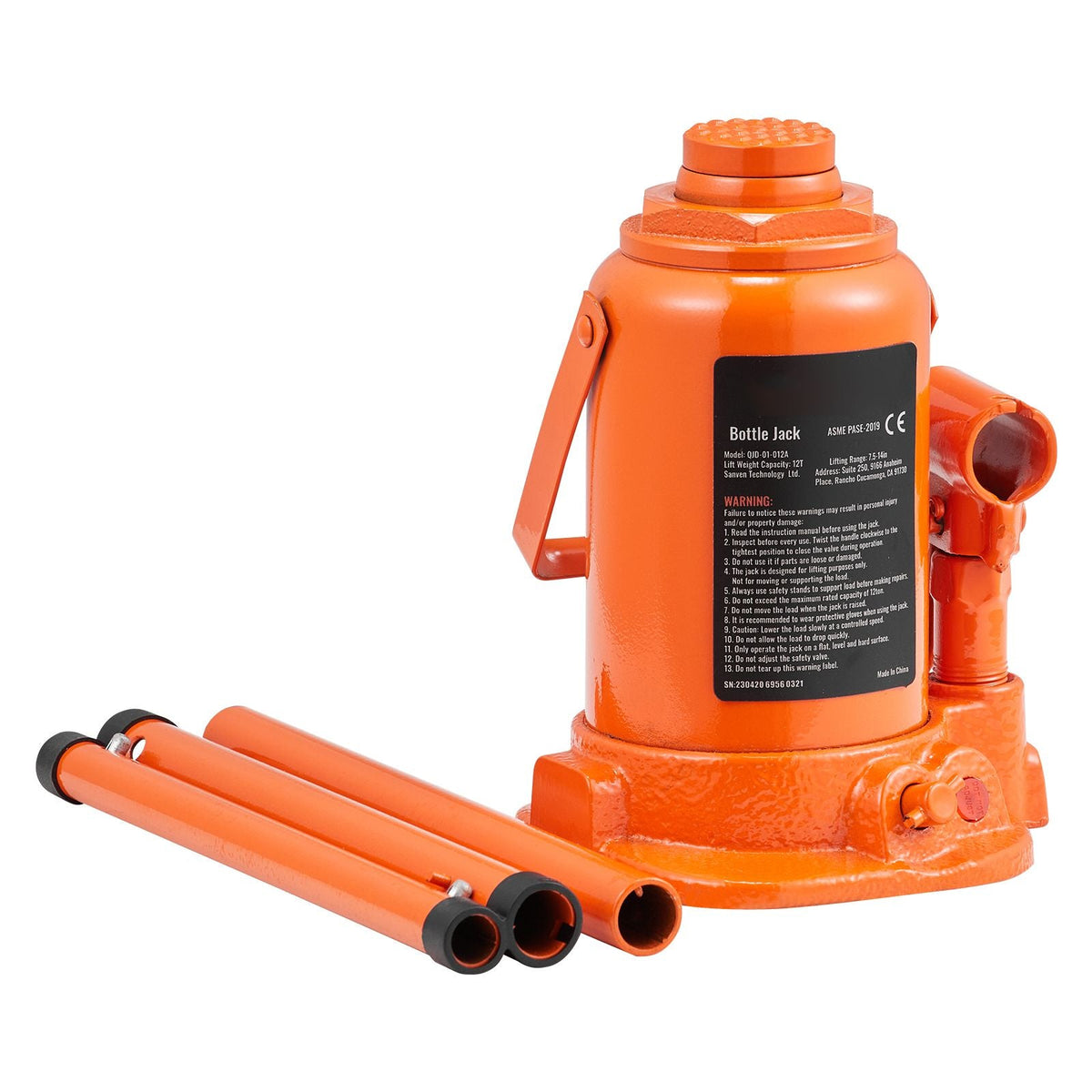 Hydraulic Bottle Jack, 12 Ton/26455 LBS All Welded Bottle Jack, 7.5-14 inch Lifting Range, with 3-section Long Handle, for Pickup Truck, Truck, Car, RV, Auto Repair, Industrial Engineering