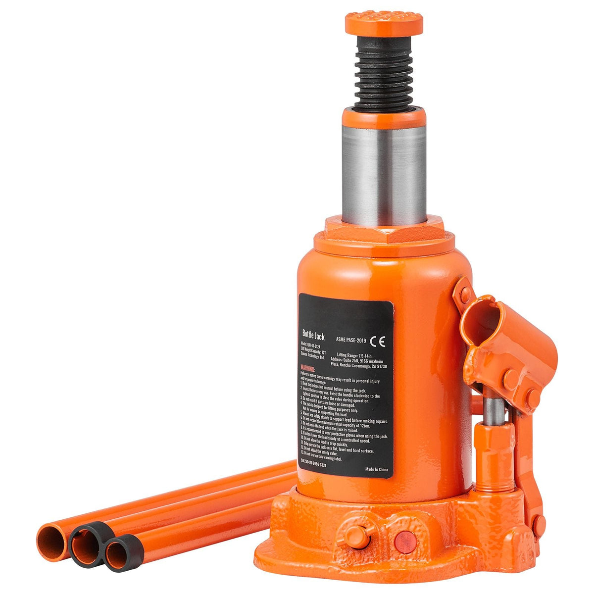 Hydraulic Bottle Jack, 12 Ton/26455 LBS All Welded Bottle Jack, 7.5-14 inch Lifting Range, with 3-section Long Handle, for Pickup Truck, Truck, Car, RV, Auto Repair, Industrial Engineering
