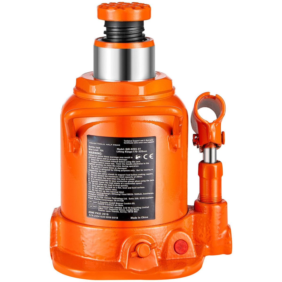 Hydraulic Bottle Jack, 20 Ton/44092 lbs Welded Bottle Jack with 6.69''-12.6'' Lifting Range & 3-Section Long Handle, for Car, Pickup, Truck, RV, Auto Repair, Industrial Engineering