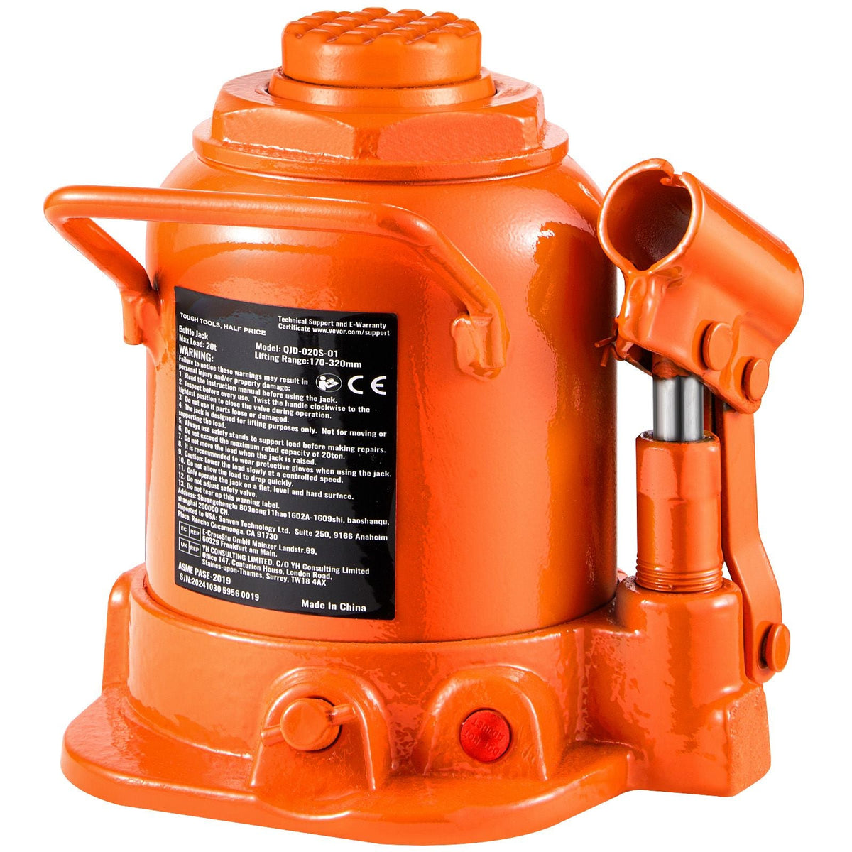 Hydraulic Bottle Jack, 20 Ton/44092 lbs Welded Bottle Jack with 6.69''-12.6'' Lifting Range & 3-Section Long Handle, for Car, Pickup, Truck, RV, Auto Repair, Industrial Engineering