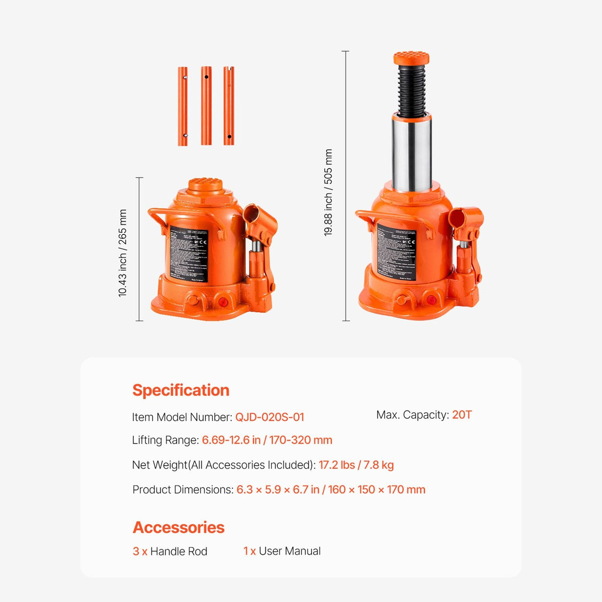 Hydraulic Bottle Jack, 20 Ton/44092 lbs Welded Bottle Jack with 6.69''-12.6'' Lifting Range & 3-Section Long Handle, for Car, Pickup, Truck, RV, Auto Repair, Industrial Engineering