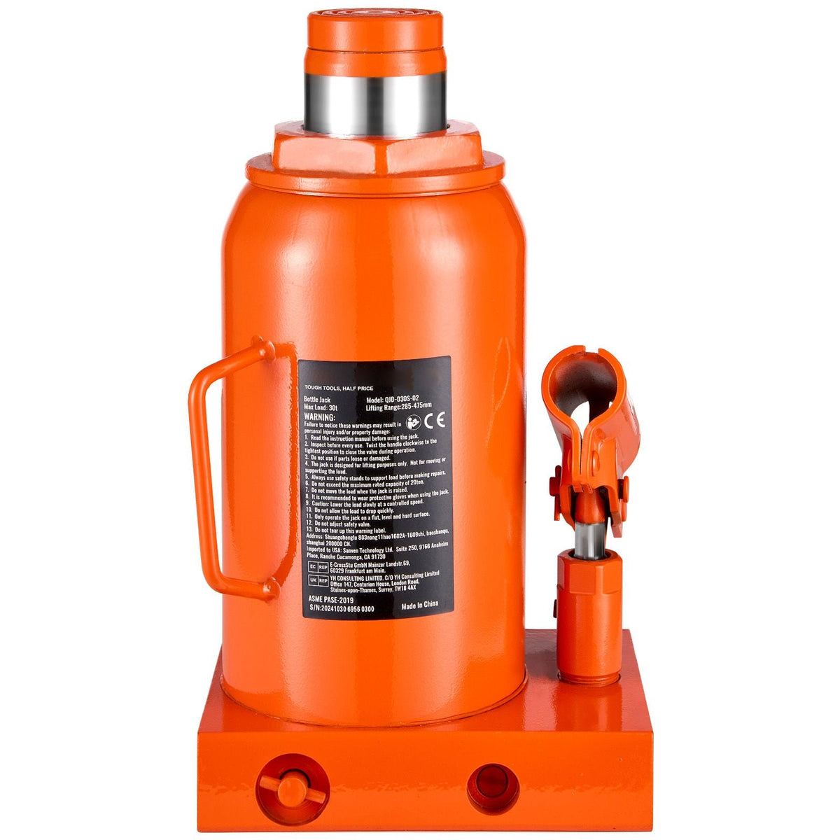 Hydraulic Bottle Jack, 30 Ton/66138 lbs Welded Bottle Jack with 11.22''-18.66'' Lifting Range & 3-Section Long Handle, for Car, Pickup, Truck, RV, Auto Repair, Industrial Engineering