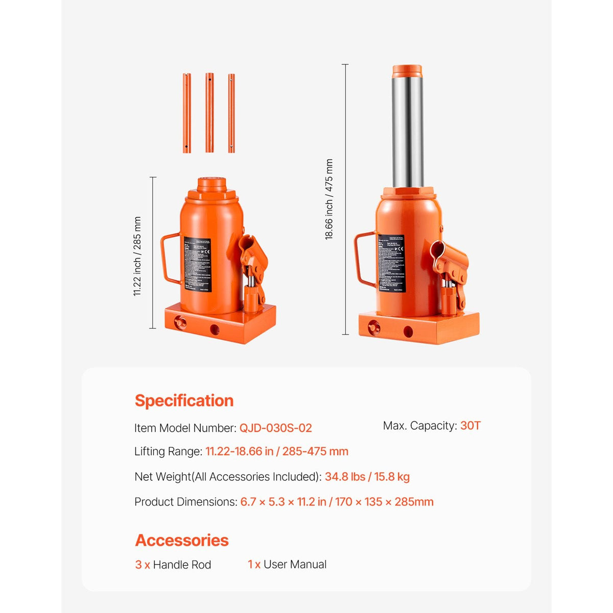Hydraulic Bottle Jack, 30 Ton/66138 lbs Welded Bottle Jack with 11.22''-18.66'' Lifting Range & 3-Section Long Handle, for Car, Pickup, Truck, RV, Auto Repair, Industrial Engineering