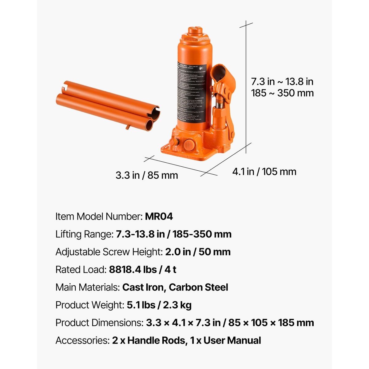 Hydraulic Bottle Jack, 4 Ton (8818.4 lbs) Capacity, 7.3-13.8 Inch Lifting Range, Heavy Duty Welded Bottle Jack for Car, SUV, Pickup, Auto Repair, House Lift and Agricultural Equipment, Orange