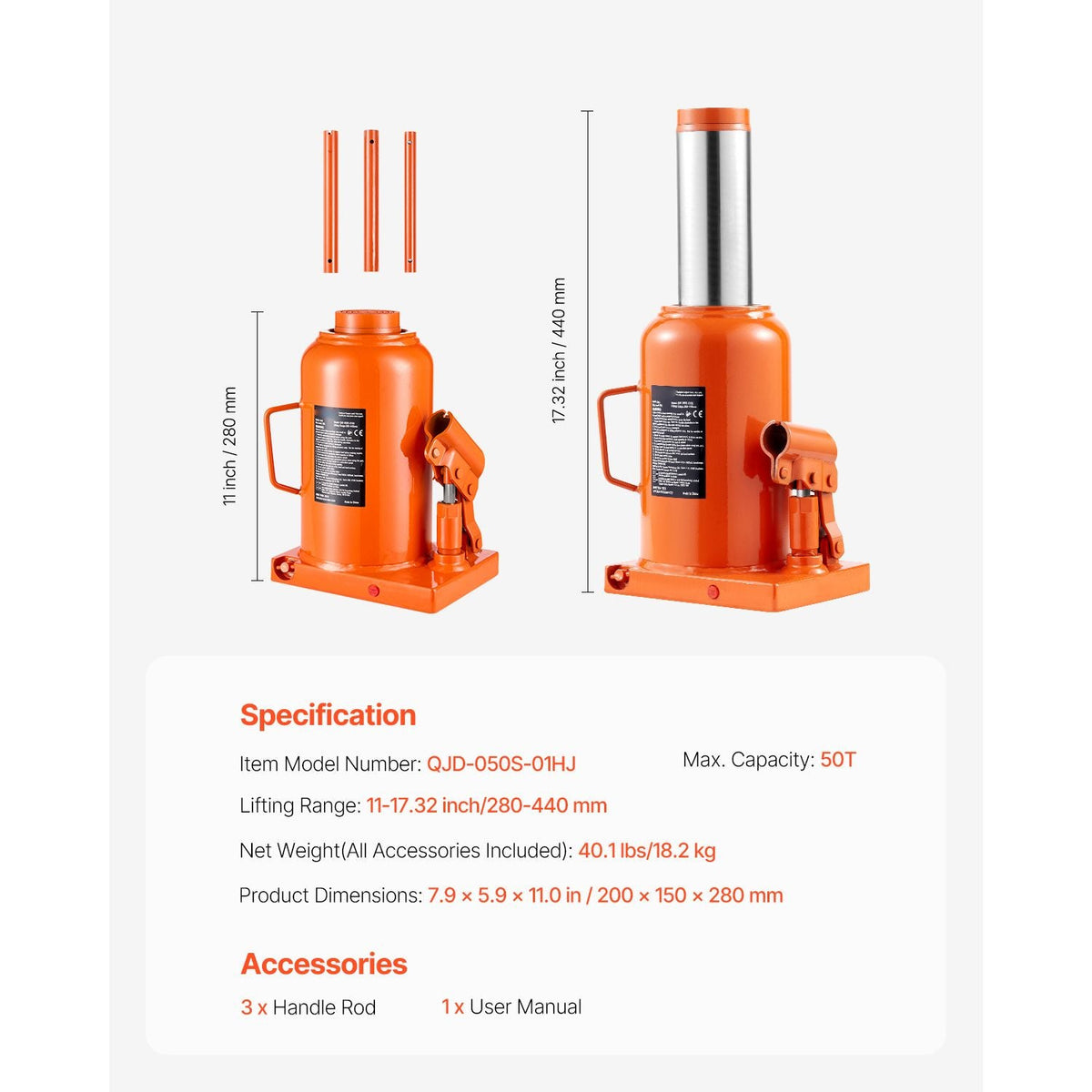 Hydraulic Bottle Jack, 50 Ton/110231 lbs Welded Bottle Jack with 11''-17.32'' Lifting Range & 3-Section Long Handle, for Car, Pickup, Truck, RV, Auto Repair, Industrial Engineering