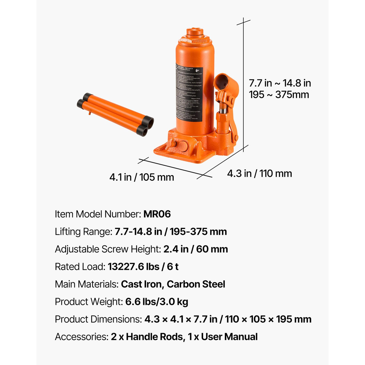 Hydraulic Bottle Jack, 6 Ton (13227.6 lbs) Capacity, 7.7-14.8 Inch Lifting Range, Heavy Duty Welded Bottle Jack for Car, SUV, Pickup, Auto Repair, House Lift and Agricultural Equipment, Orange