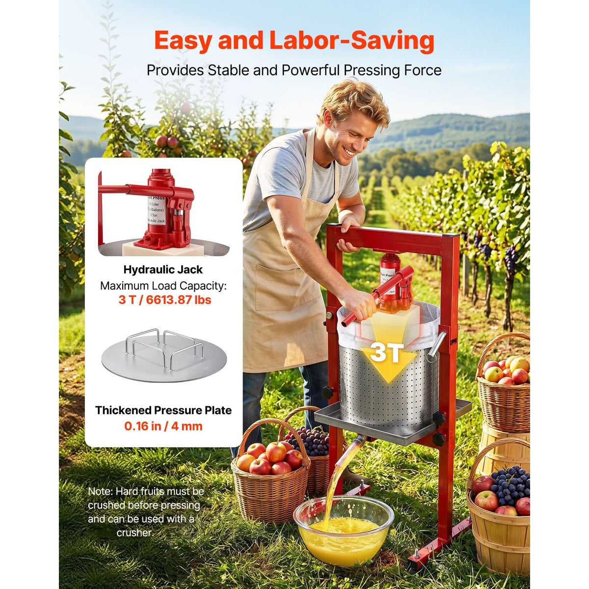 Hydraulic Fruit Wine Press, 7.93Gal/30L, Stainless Steel Heavy Duty Manual Juice Maker, Cider Apple Grape Vegetable Crusher, Cheese/Tincture/Herbal Press, with 2 Filter Bags, for Kitchen Home