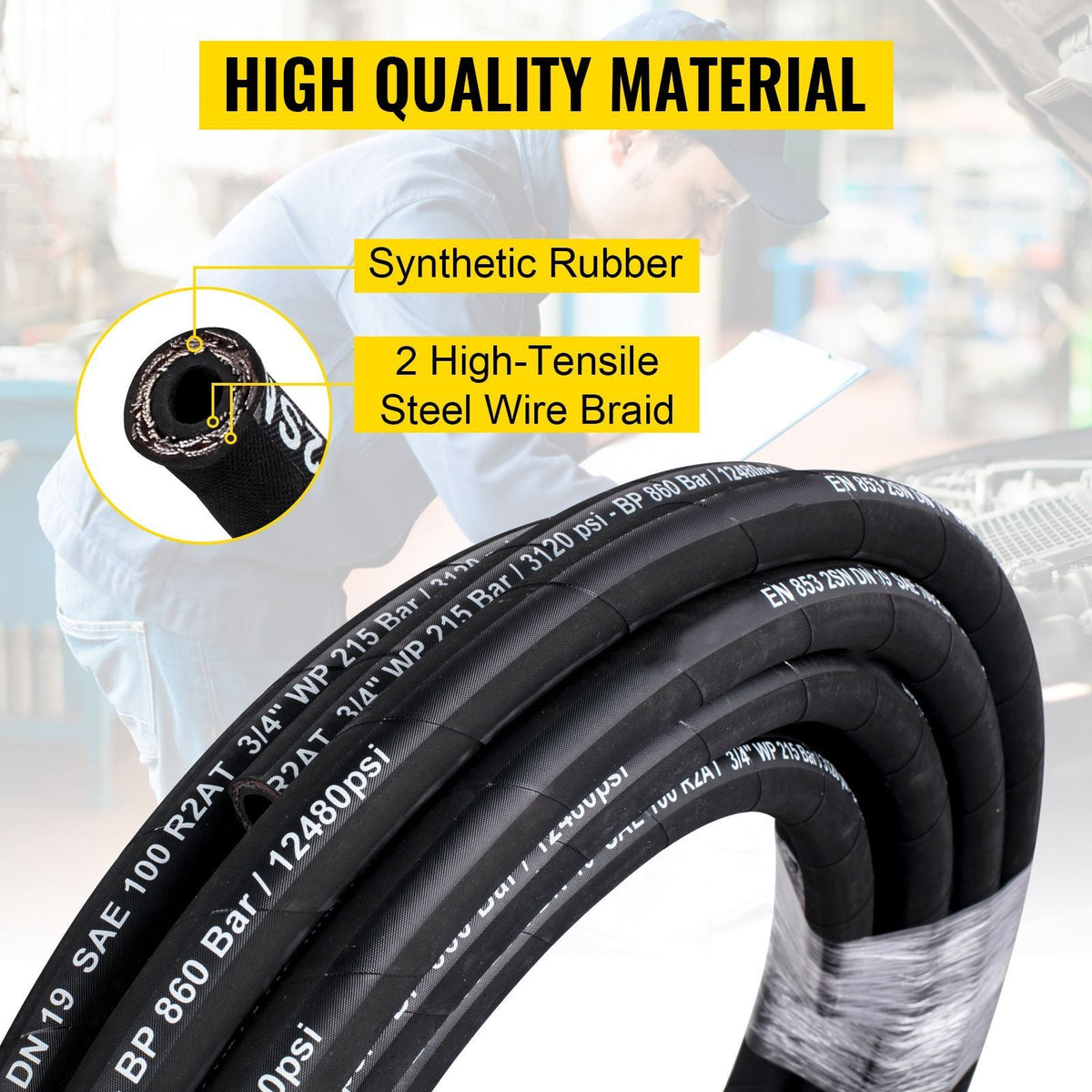 Hydraulic Hose 1/2 inch x 100 ft, Coiled Hydraulic Hose 4000 PSI, Rubber Hydraulic Hose with 2 High-Tensile Steel Wire Braid, Bulk Hydraulic Hose -20 to 140 Celsius, Hydraulic Oil Flexible Hose