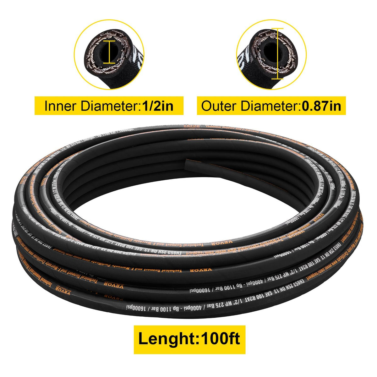 Hydraulic Hose 1/2 inch x 100 ft, Coiled Hydraulic Hose 4000 PSI, Rubber Hydraulic Hose with 2 High-Tensile Steel Wire Braid, Bulk Hydraulic Hose -20 to 140 Celsius, Hydraulic Oil Flexible Hose
