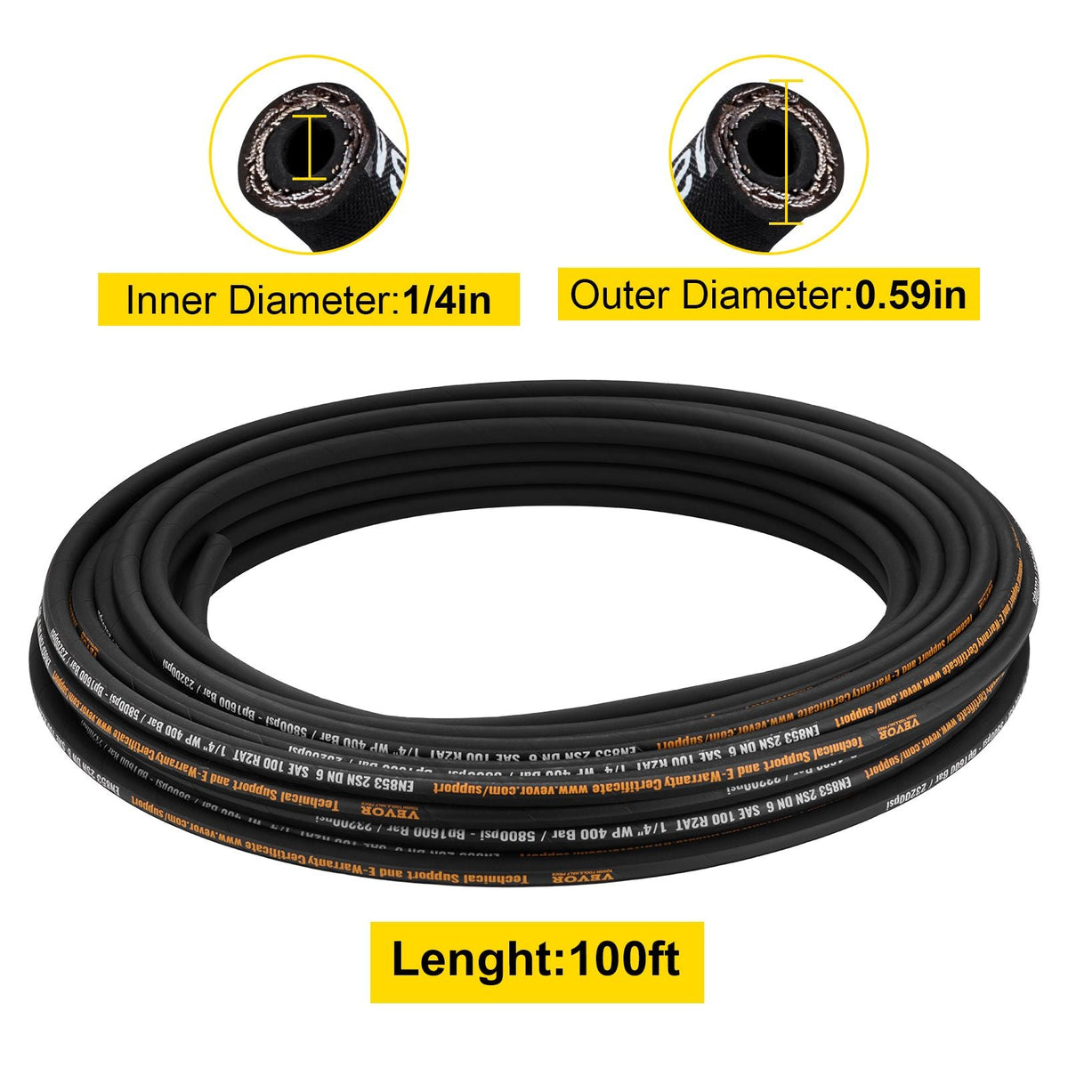 Hydraulic Hose 1/4 inch x 100 ft, Coiled Hydraulic Hose 5800 PSI, Rubber Hydraulic Hose with 2 High-Tensile Steel Wire Braid, Bulk Hydraulic Hose -20 to 140Celsius, Hydraulic Oil Flexible Hose