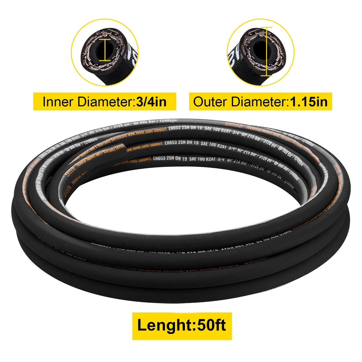 Hydraulic Hose 3/4 inch x 50 ft, Coiled Hydraulic Hose 3120 PSI, Rubber Hydraulic Hose with 2 High-Tensile Steel Wire Braid, Bulk Hydraulic Hose -20 to 140 Celsius, Hydraulic Oil Flexible Hose