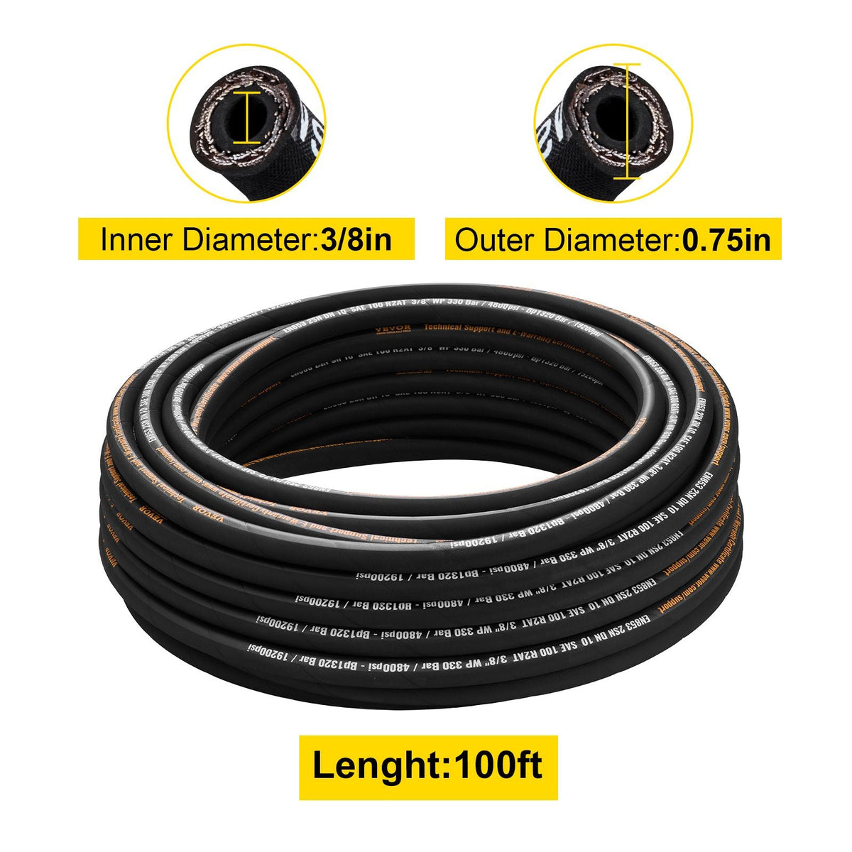 Hydraulic Hose 3/8 inch x 100 ft, Coiled Hydraulic Hose 4800 PSI, Rubber Hydraulic Hose with 2 High-Tensile Steel Wire Braid, Bulk Hydraulic Hose -20 Celsius to 140 Celsius