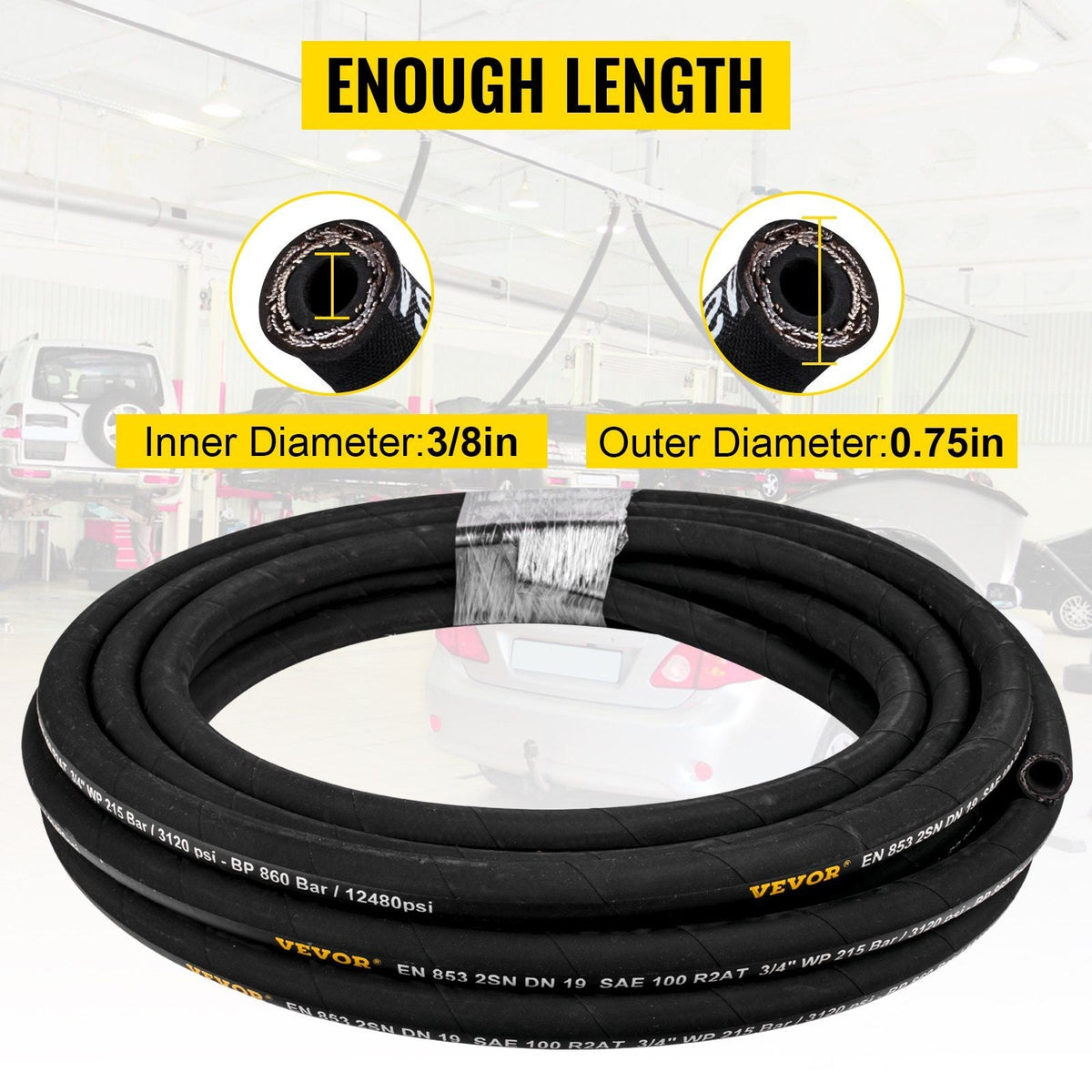 Hydraulic Hose 3/8 inch x 50 ft, Coiled Hydraulic Hose 4800 PSI, Rubber Hydraulic Hose with 2 High-Tensile Steel Wire Braid, Bulk Hydraulic Hose -20 to 140Celsius, Hydraulic Oil Flexible Hose