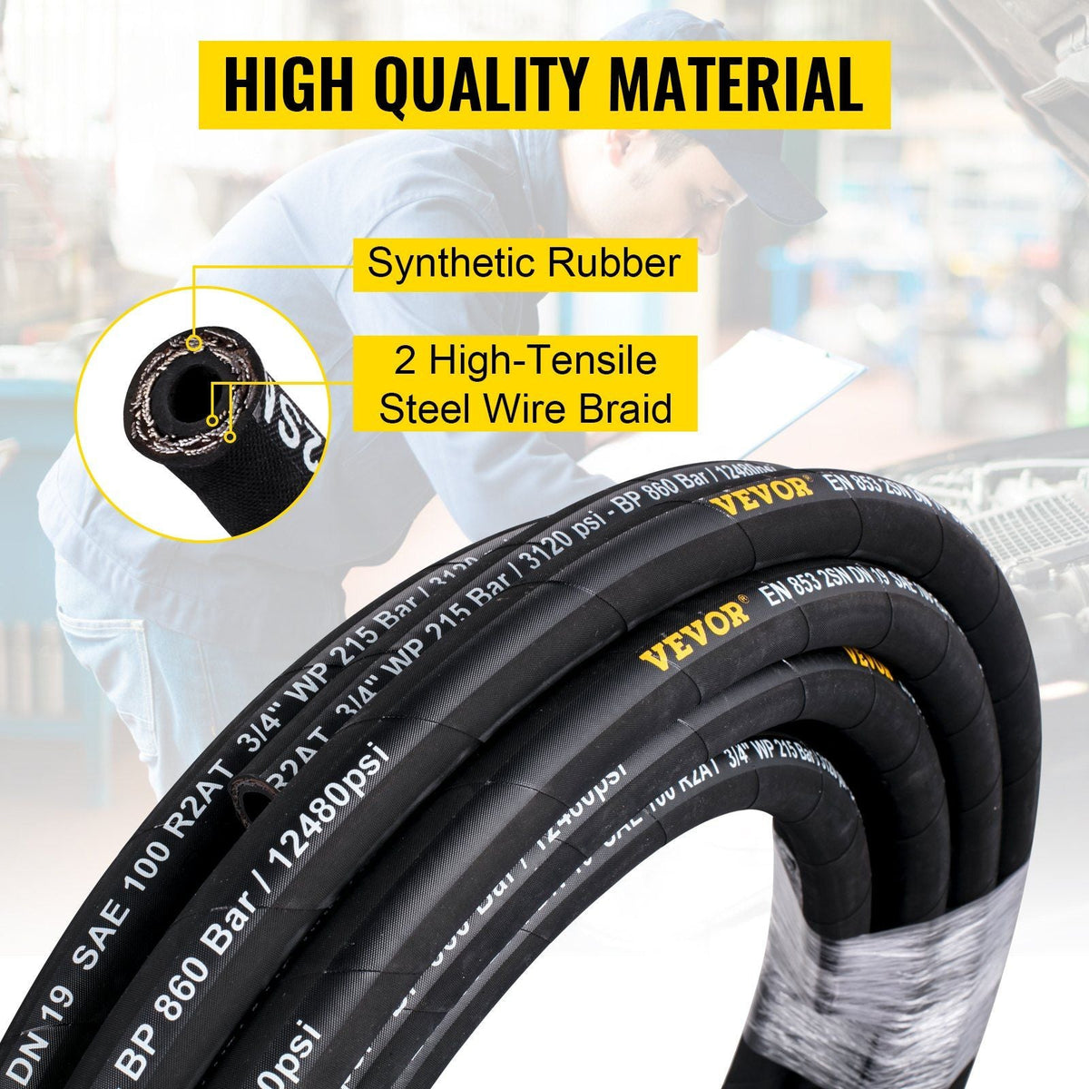 Hydraulic Hose 3/8 inch x 50 ft, Coiled Hydraulic Hose 4800 PSI, Rubber Hydraulic Hose with 2 High-Tensile Steel Wire Braid, Bulk Hydraulic Hose -20 to 140Celsius, Hydraulic Oil Flexible Hose