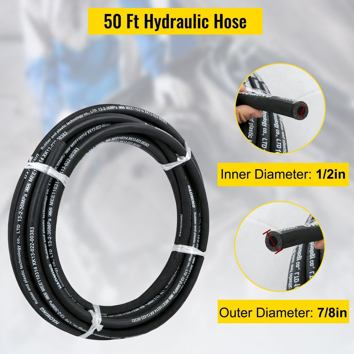 Hydraulic Hose 50 Feet Rubber Hydraulic Hoses with 2 High-Tensile Steel Wire Braid, Inner Diameter 1/2 Inch, 5000 PSI Max, Bulk Hydraulic Hose -40 to 250 Fahrenheit , Hydraulic Oil Flexible Hose