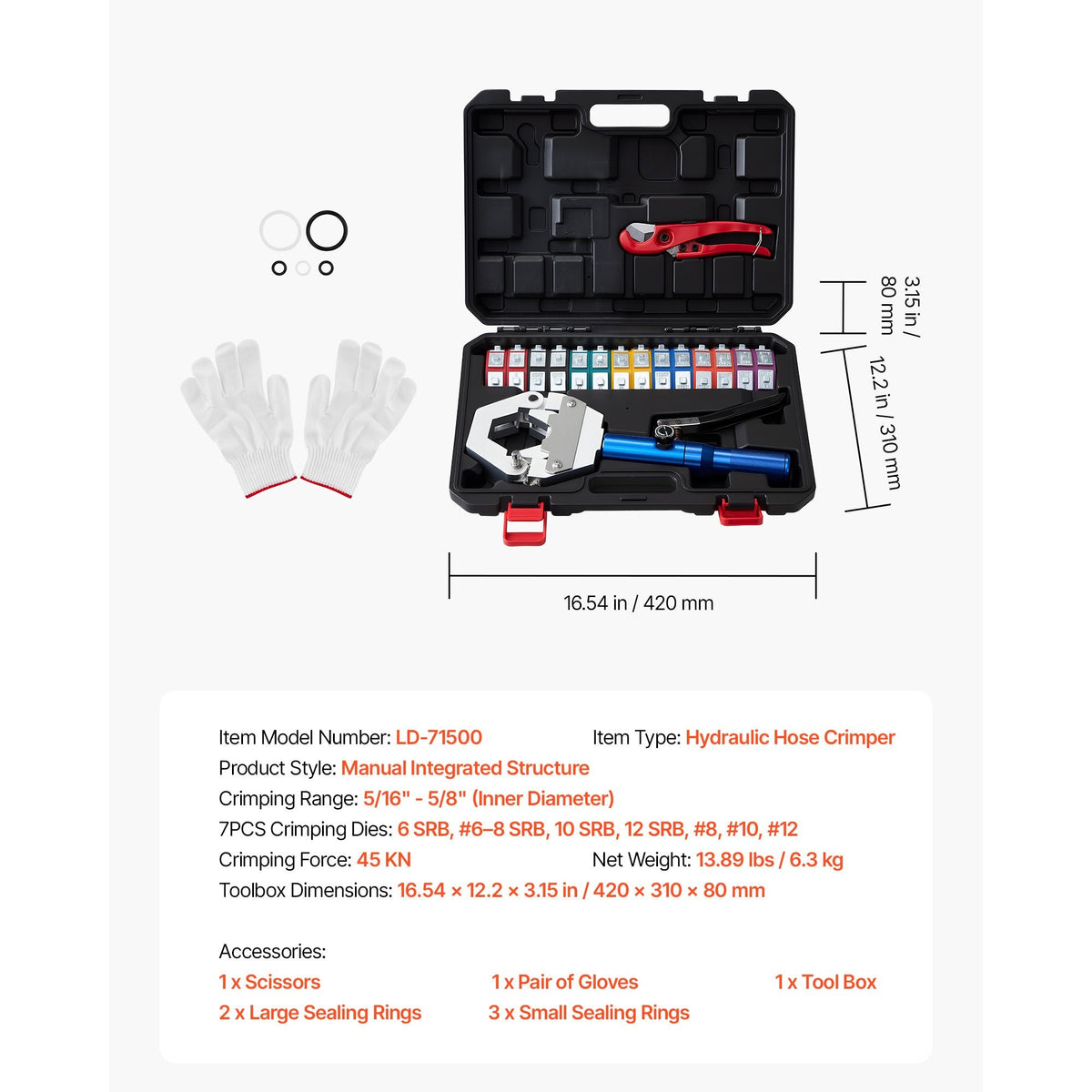 Hydraulic Hose Crimper, Hydra-Krimp AC Hose Crimper Kit with 7 Dies Snap-On, Integral Manual Hydraulic A/C Hoses Crimping Tool for Automotive & Air Conditioning Repair - with Carrying Case