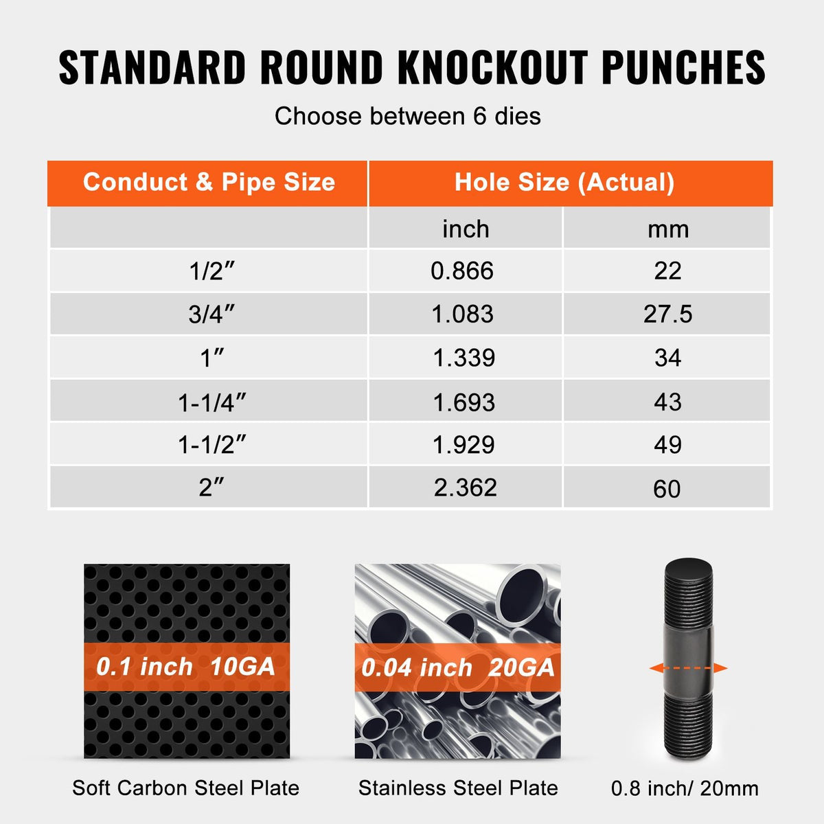 Hydraulic Knockout Punch Kit, 10 Ton 1/2" to 2" Conduit Hole Cutter Set, KO Tool Kits with Puncher 6 Piece, Metal Sheet Driver Tools, For Aluminum, Stainless Steel, Brass, Fiberglass and Plastic