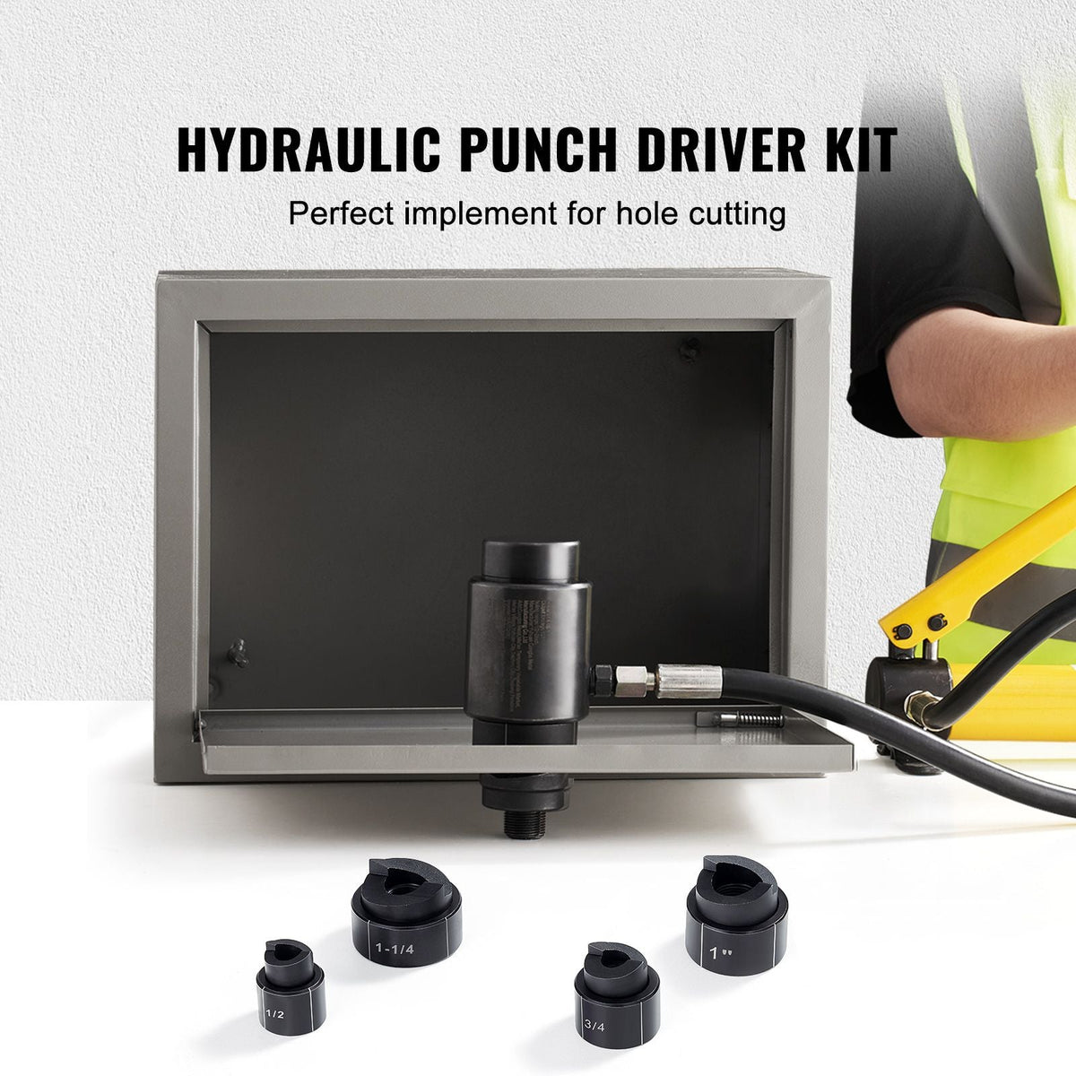 Hydraulic Knockout Punch Kit, 4 Pieces 1/2", 3/4", 1", 1-1/4" Conduit Hole Cutter Set, Metal Sheet Driver Tools, KO Tool Kits For Aluminum, Brass, Stainless Steel, Fiberglass and Plastic