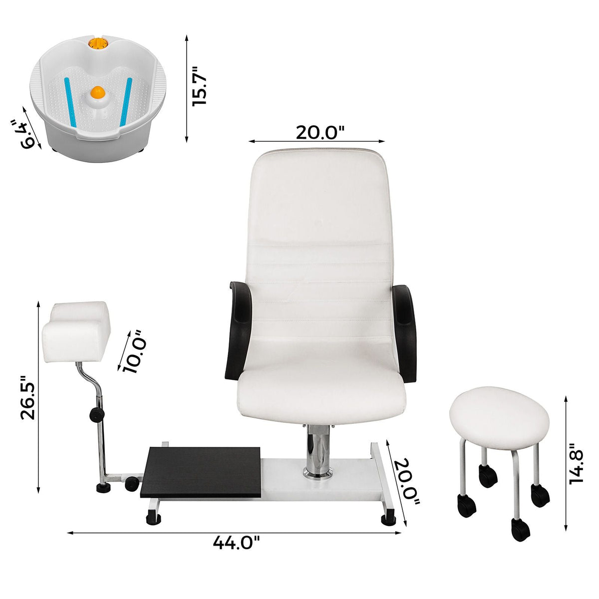 Hydraulic Lift Adjustable Spa Pedicure Unit with Easy-Clean Bubble Massage Footbath White