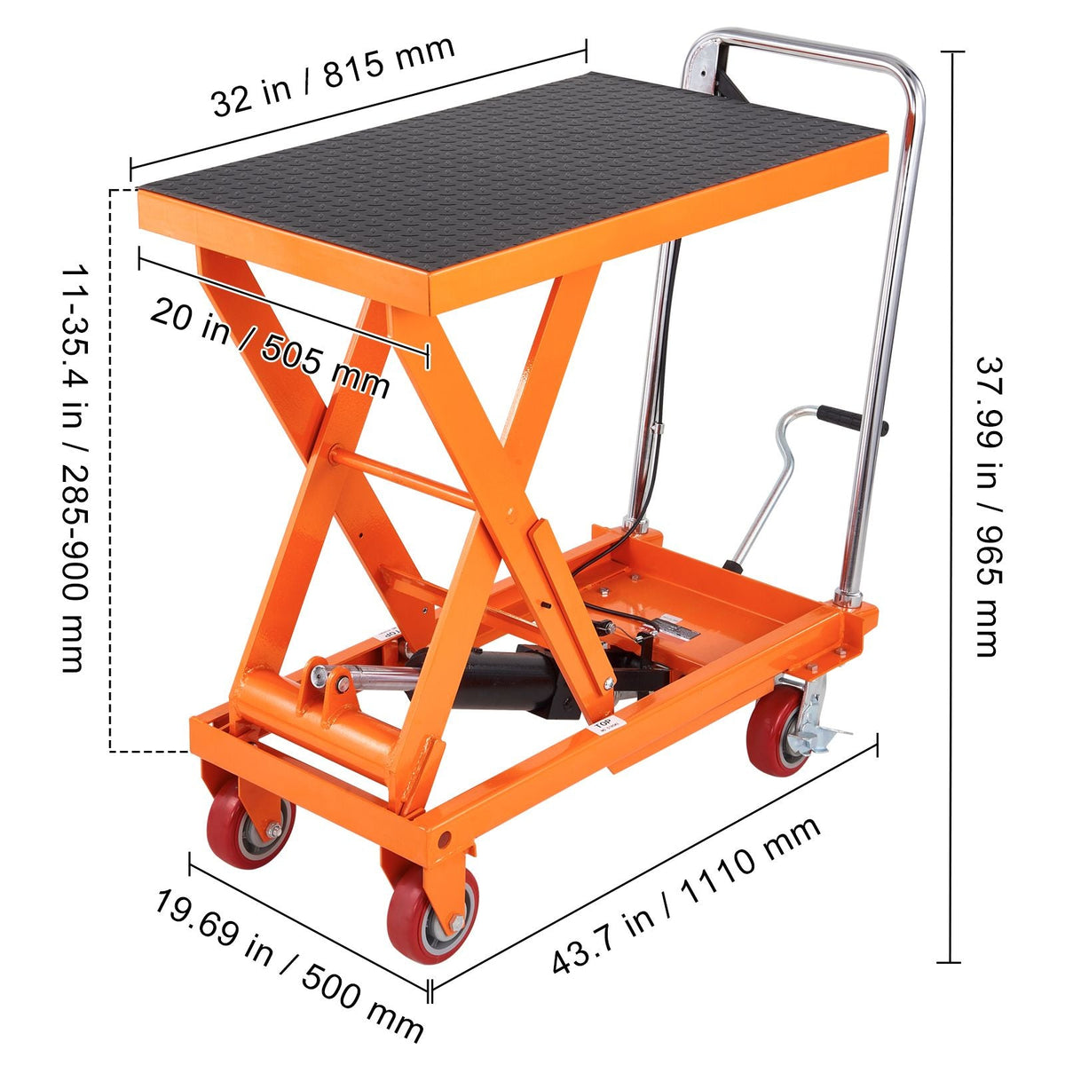 Hydraulic Lift Table Cart, 1100lbs Capacity 35.4" Lifting Height, Manual Single Scissor Lift Table with 4 Wheels and Non-slip Pad, Hydraulic Scissor Cart for Material Handling and Transportation