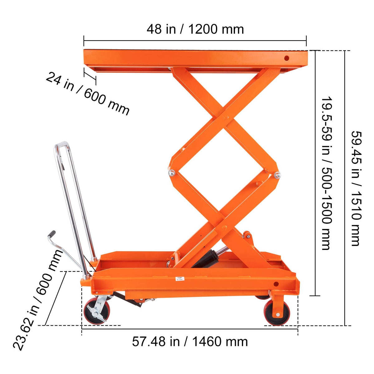 Hydraulic Lift Table Cart, 1760lbs Capacity 59" Lifting Height, Manual Double Scissor Lift Table with 4 Wheels and Non-slip Pad, Hydraulic Scissor Cart for Material Handling and Transportation