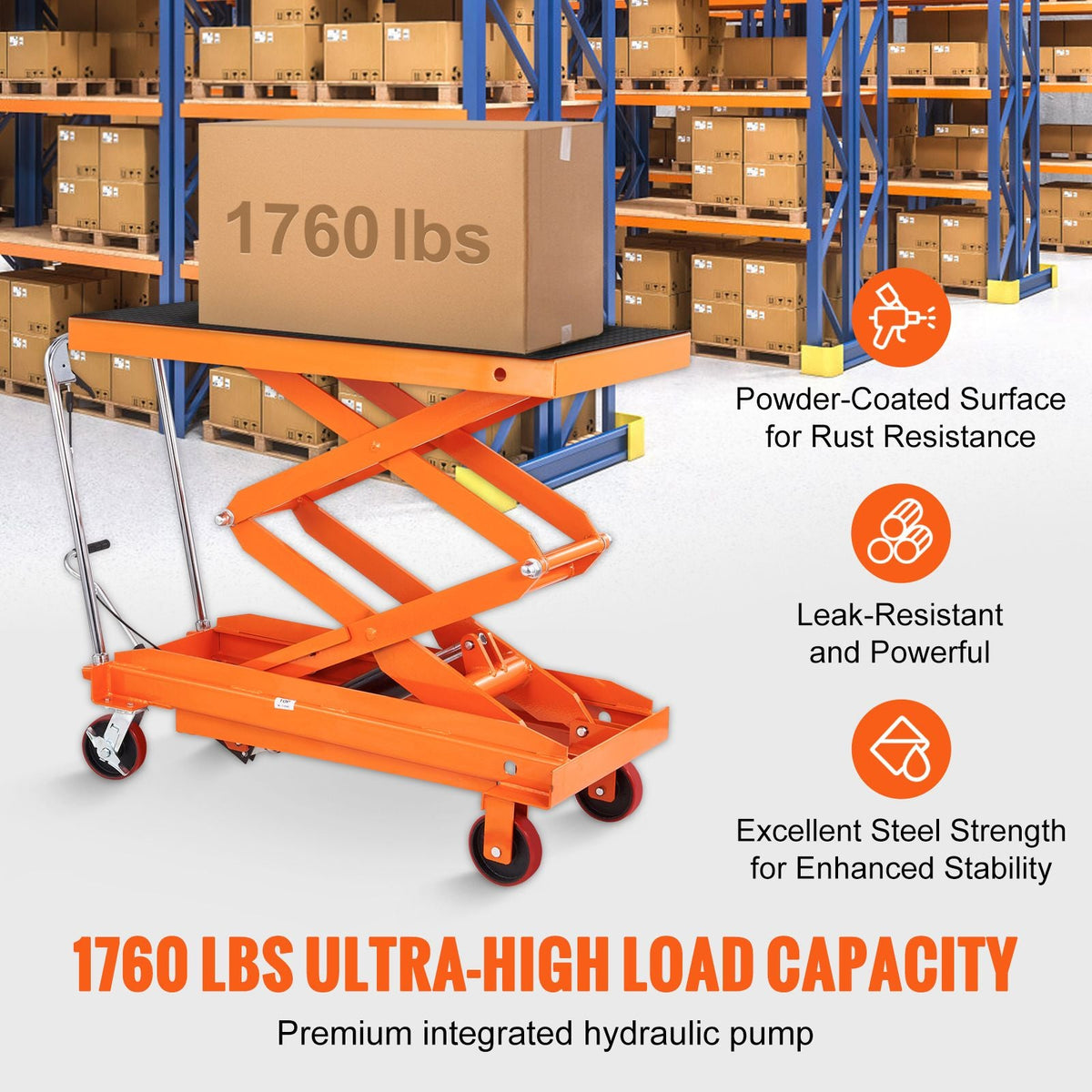 Hydraulic Lift Table Cart, 1760lbs Capacity 59" Lifting Height, Manual Double Scissor Lift Table with 4 Wheels and Non-slip Pad, Hydraulic Scissor Cart for Material Handling and Transportation