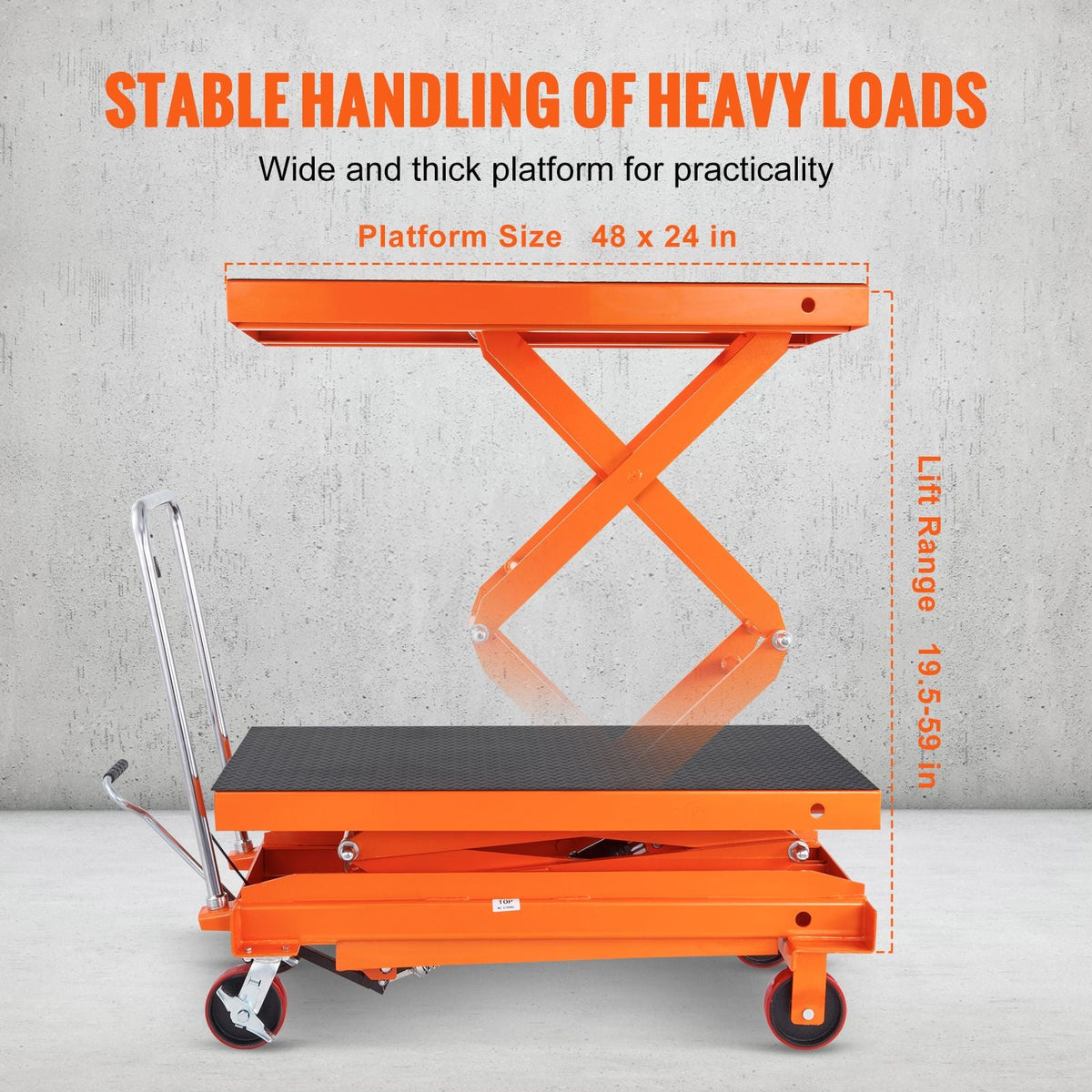 Hydraulic Lift Table Cart, 1760lbs Capacity 59" Lifting Height, Manual Double Scissor Lift Table with 4 Wheels and Non-slip Pad, Hydraulic Scissor Cart for Material Handling and Transportation