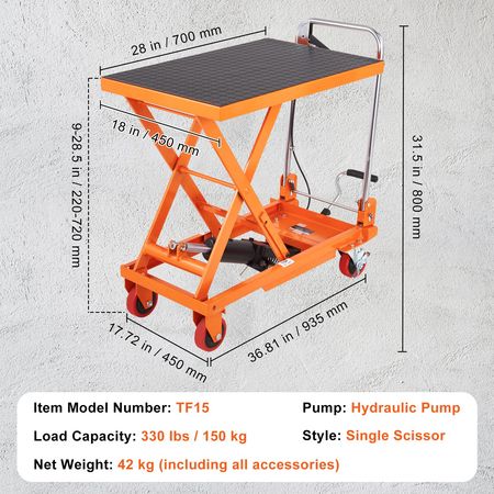 Hydraulic Lift Table Cart, 330lbs Capacity 28.5" Lifting Height, Manual Single Scissor Lift Table with 4 Wheels and Non-slip Pad, Hydraulic Scissor Cart for Material Handling and Transportation
