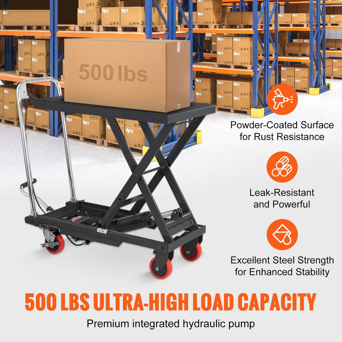 Hydraulic Lift Table Cart, 500lbs Capacity 28.5" Lifting Height, Manual Single Scissor Lift Table with 4 Wheels and Non-slip Pad, Hydraulic Scissor Cart for Material Handling, Black