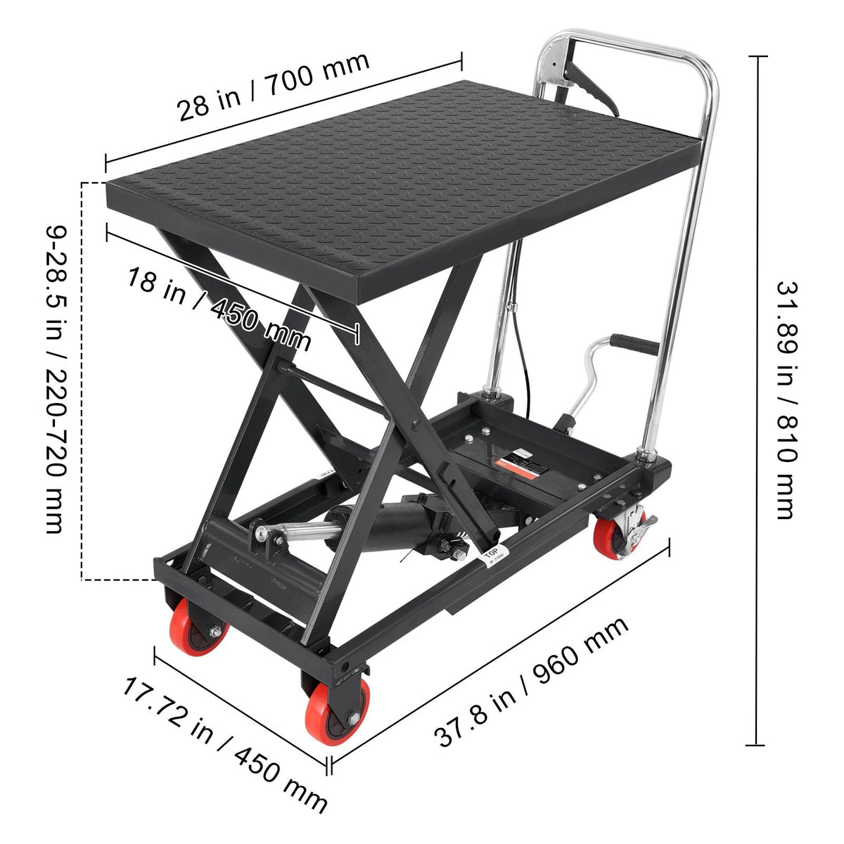 Hydraulic Lift Table Cart, 500lbs Capacity 28.5" Lifting Height, Manual Single Scissor Lift Table with 4 Wheels and Non-slip Pad, Hydraulic Scissor Cart for Material Handling, Black