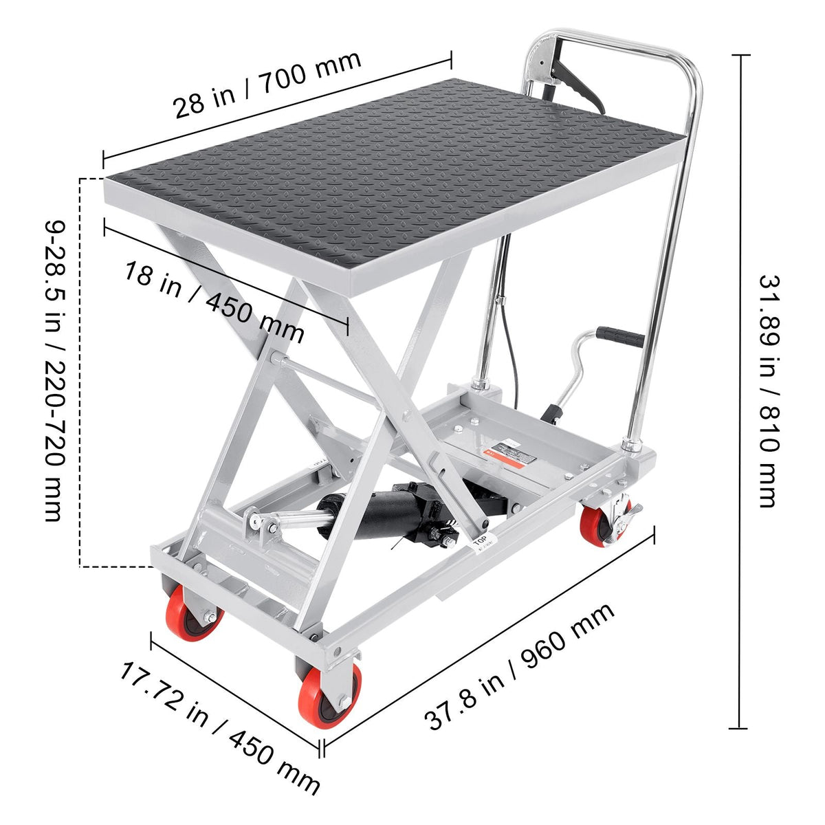 Hydraulic Lift Table Cart, 500lbs Capacity 28.5" Lifting Height, Manual Single Scissor Lift Table with 4 Wheels and Non-slip Pad, Hydraulic Scissor Cart for Material Handling, Gray
