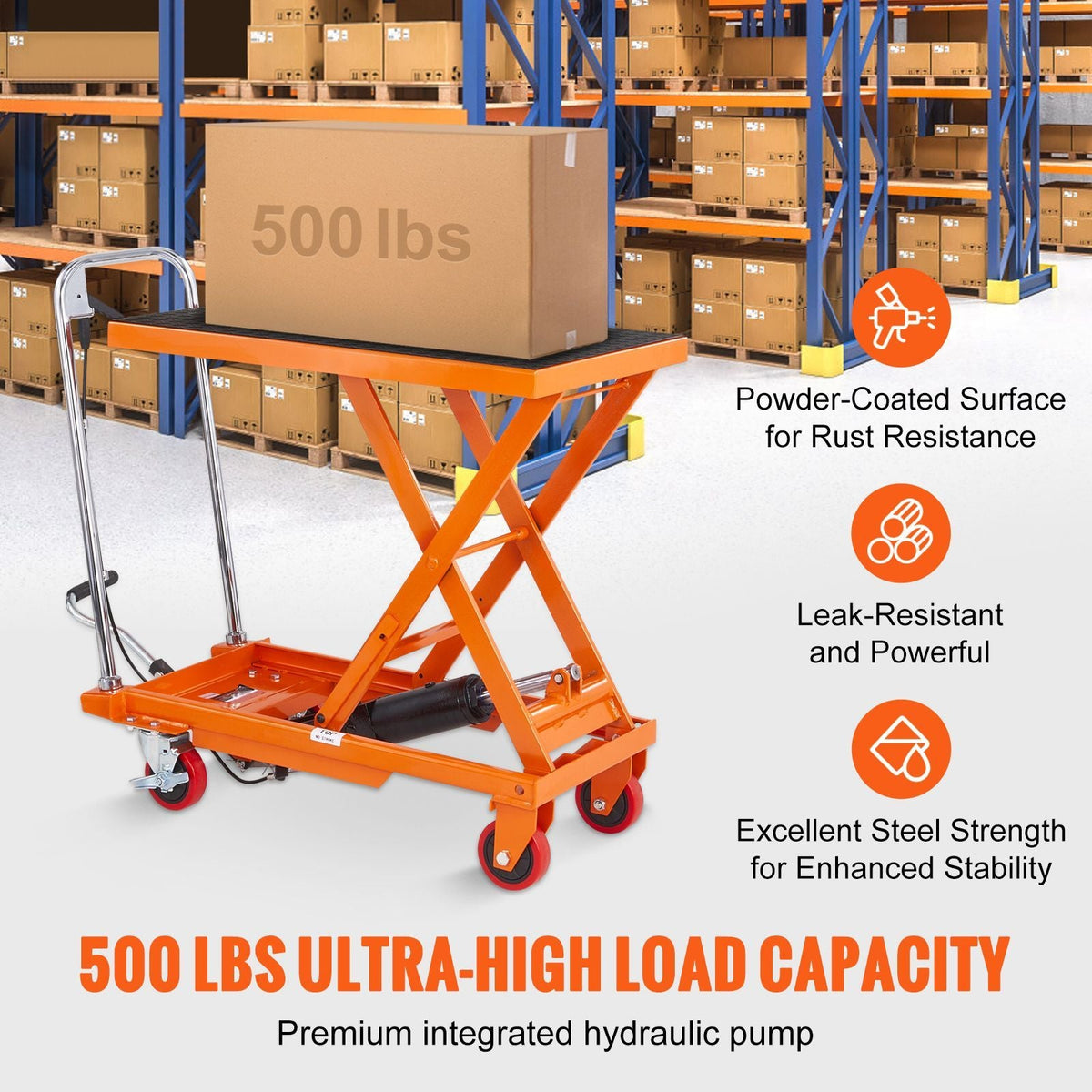 Hydraulic Lift Table Cart, 500lbs Capacity 28.5" Lifting Height, Manual Single Scissor Lift Table with 4 Wheels and Non-slip Pad, Hydraulic Scissor Cart for Material Handling, Orange