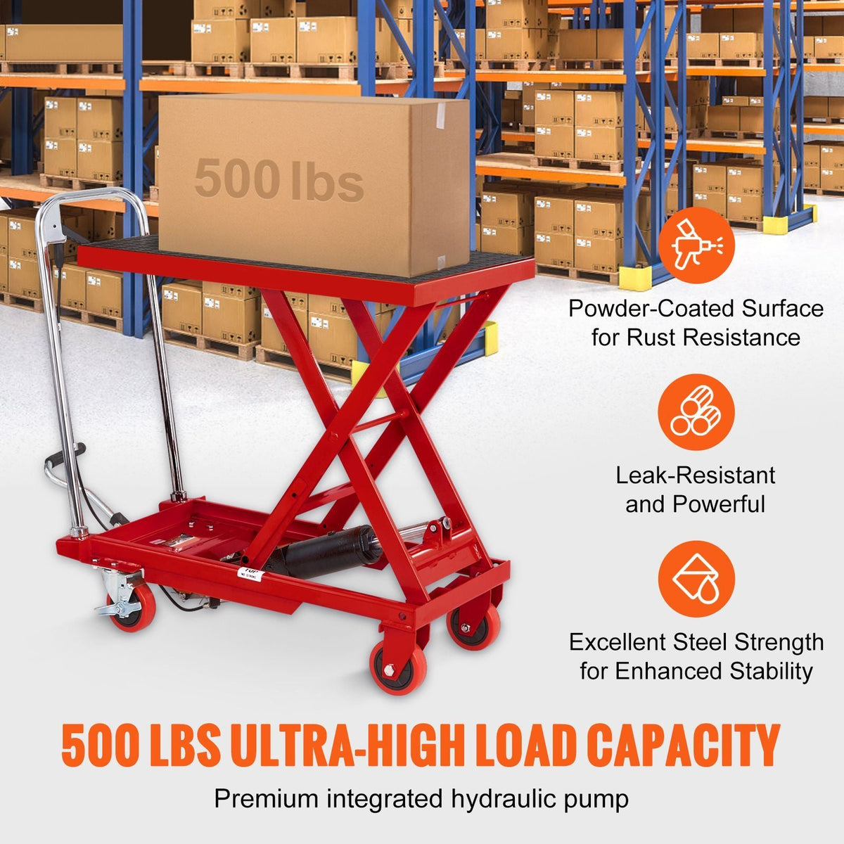 Hydraulic Lift Table Cart, 500lbs Capacity 28.5" Lifting Height, Manual Single Scissor Lift Table with 4 Wheels and Non-slip Pad, Hydraulic Scissor Cart for Material Handling, Red