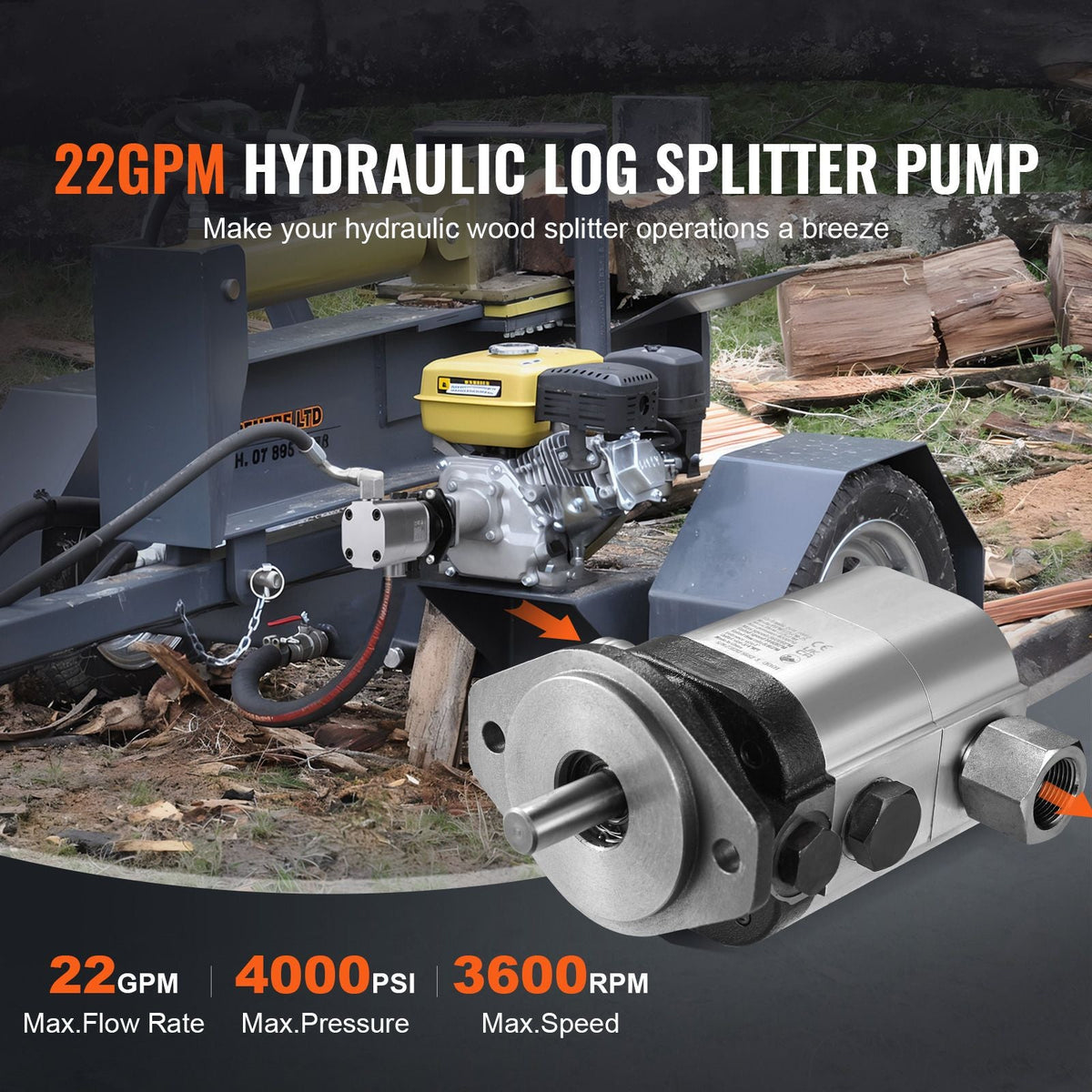 Hydraulic Log Splitter Pump, 22GPM, 2 Stage 4000PSI Wood Log Splitter Pump, 1-1/4'' Inlet 3/4'' NPT Outlet 3600 RPM Aluminum Hydraulic Gear Pump, for Small Engine Mounting Log Splitters Snowplow
