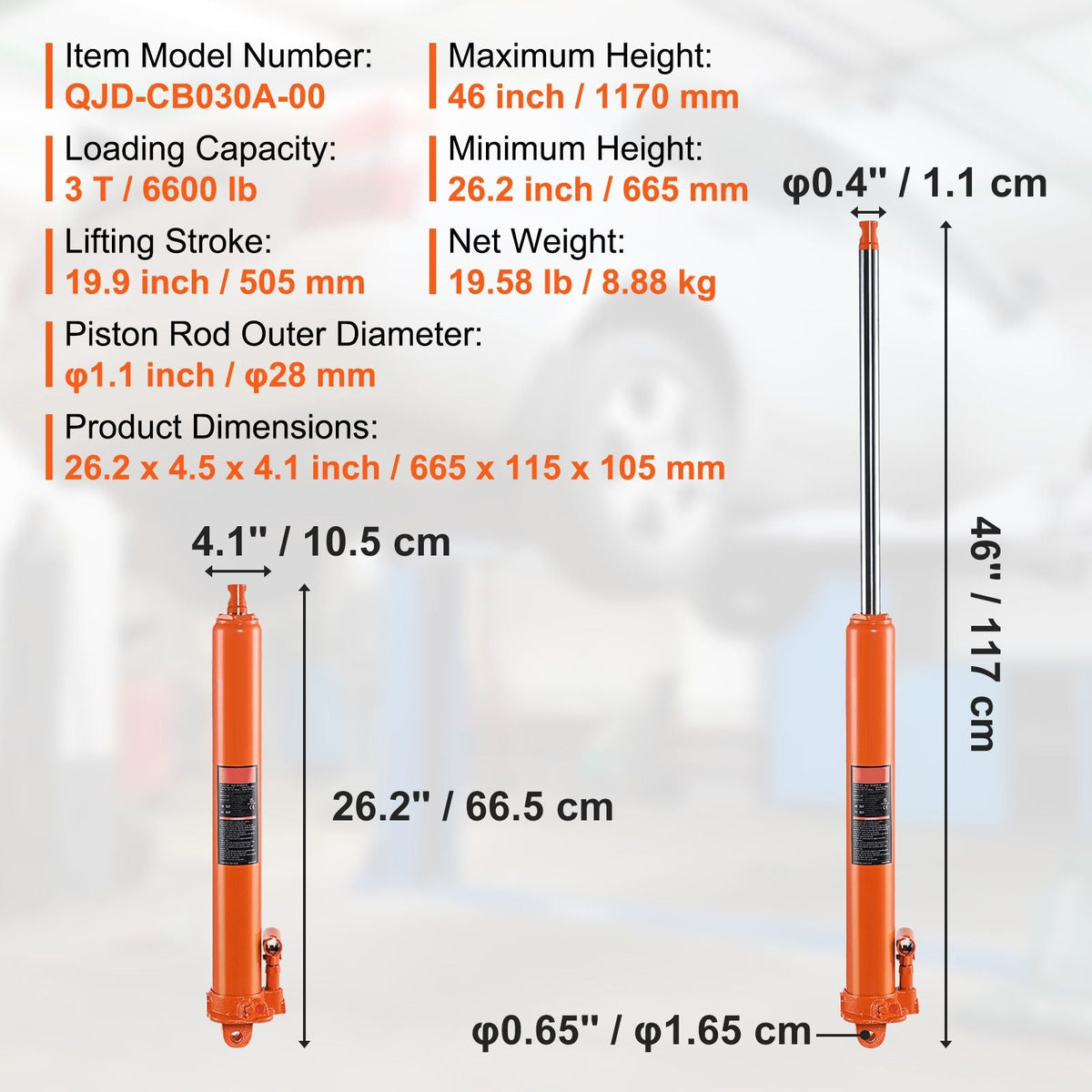 Hydraulic Long Ram Jack, 3 Ton Engine Hoist Cylinder with Single Piston Pump And Clevis Base, Hydraulic Ram Cylinder for Engine Lift Hoists, Hydraulic Garage/Shop Cranes, Mechanical, Farm