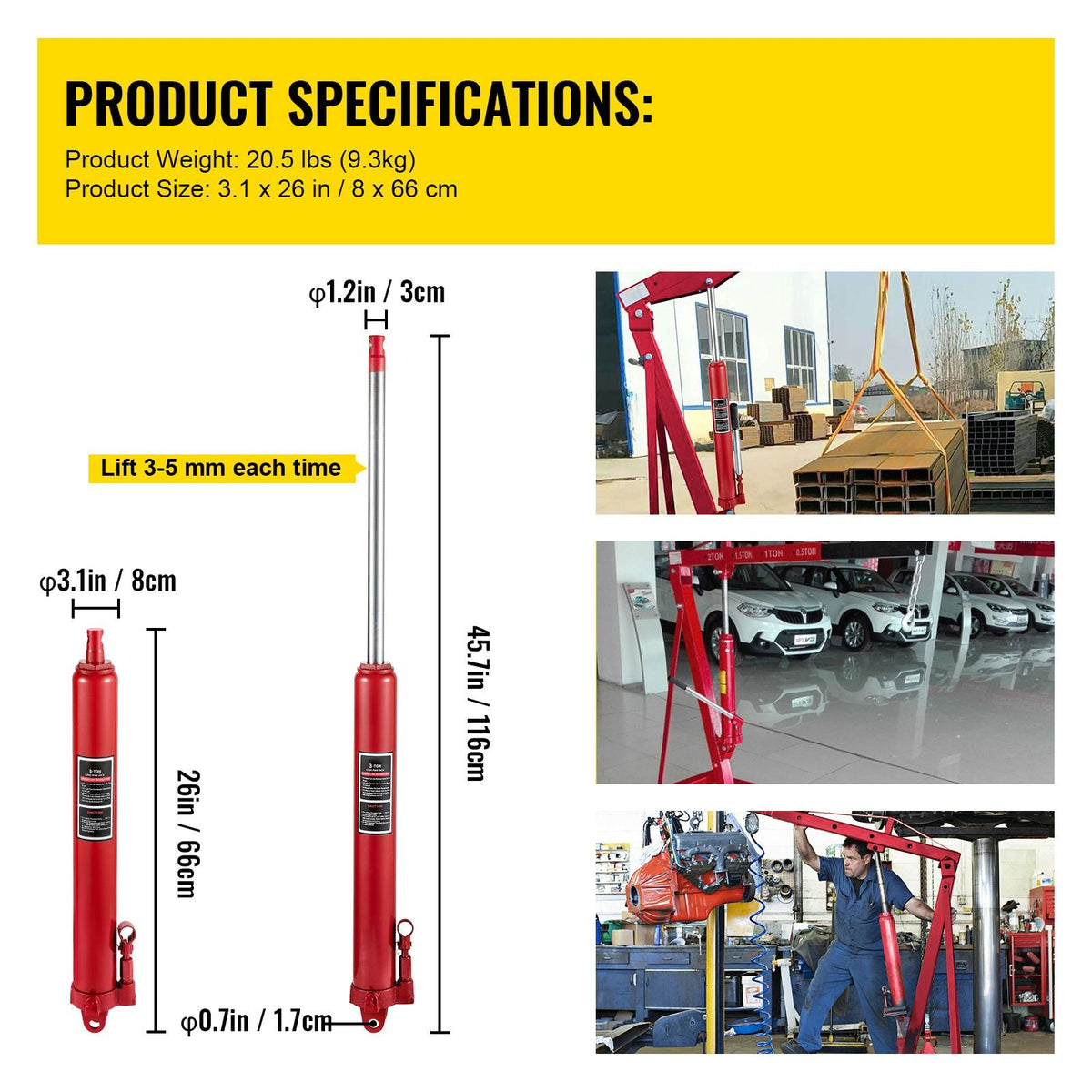 Hydraulic Long Ram Jack, 3 Tons/6600 lbs Capacity, with Single Piston Pump and Clevis Base, Manual Cherry Picker with Handle, for Garage/Shop Cranes, Engine Lift Hoist, Red(Only Jack)
