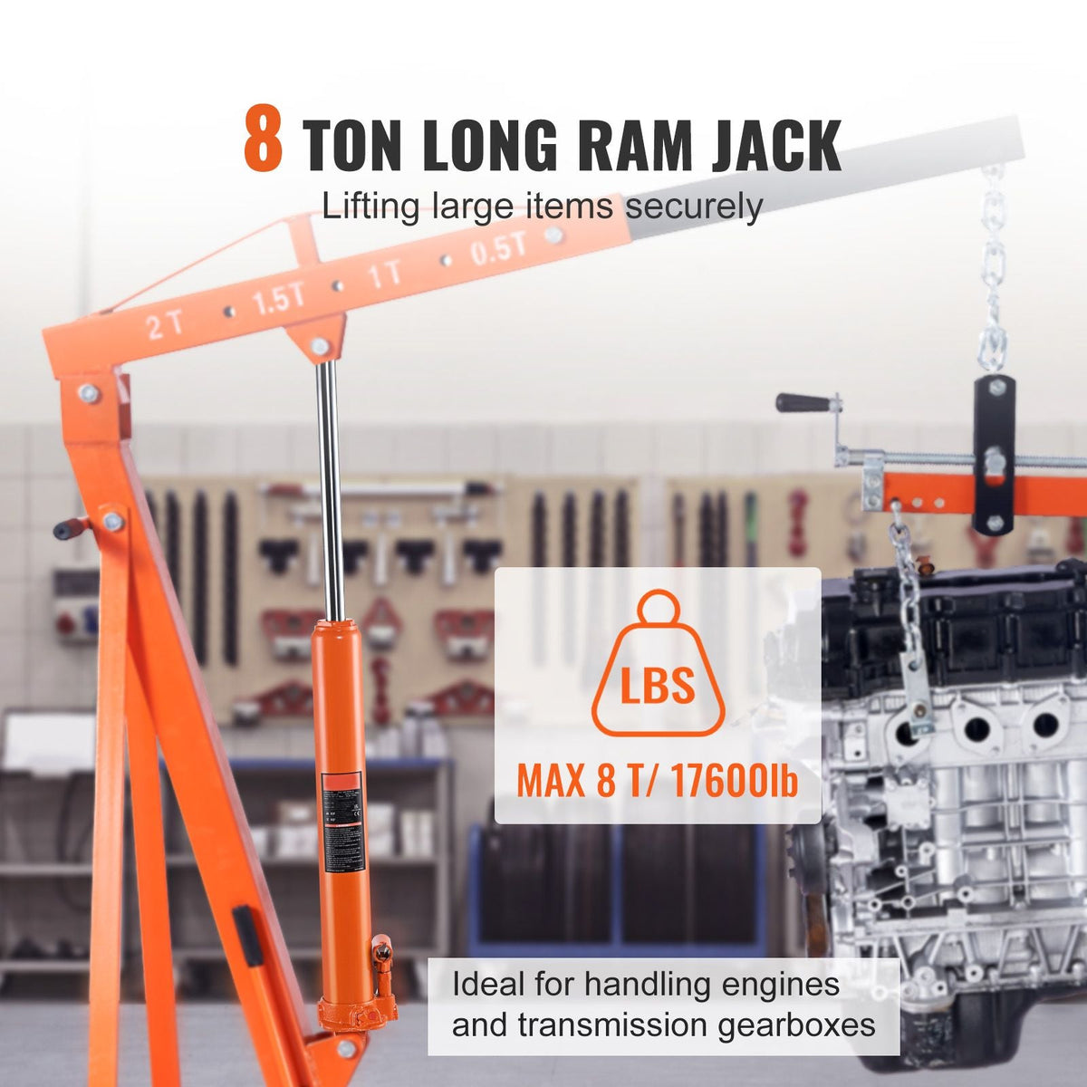 Hydraulic Long Ram Jack, 8 Ton Engine Hoist Cylinder with Single Piston Pump And Clevis Base, Hydraulic Ram Cylinder for Engine Lift Hoists, Hydraulic Garage/Shop Cranes, Mechanical, Farm