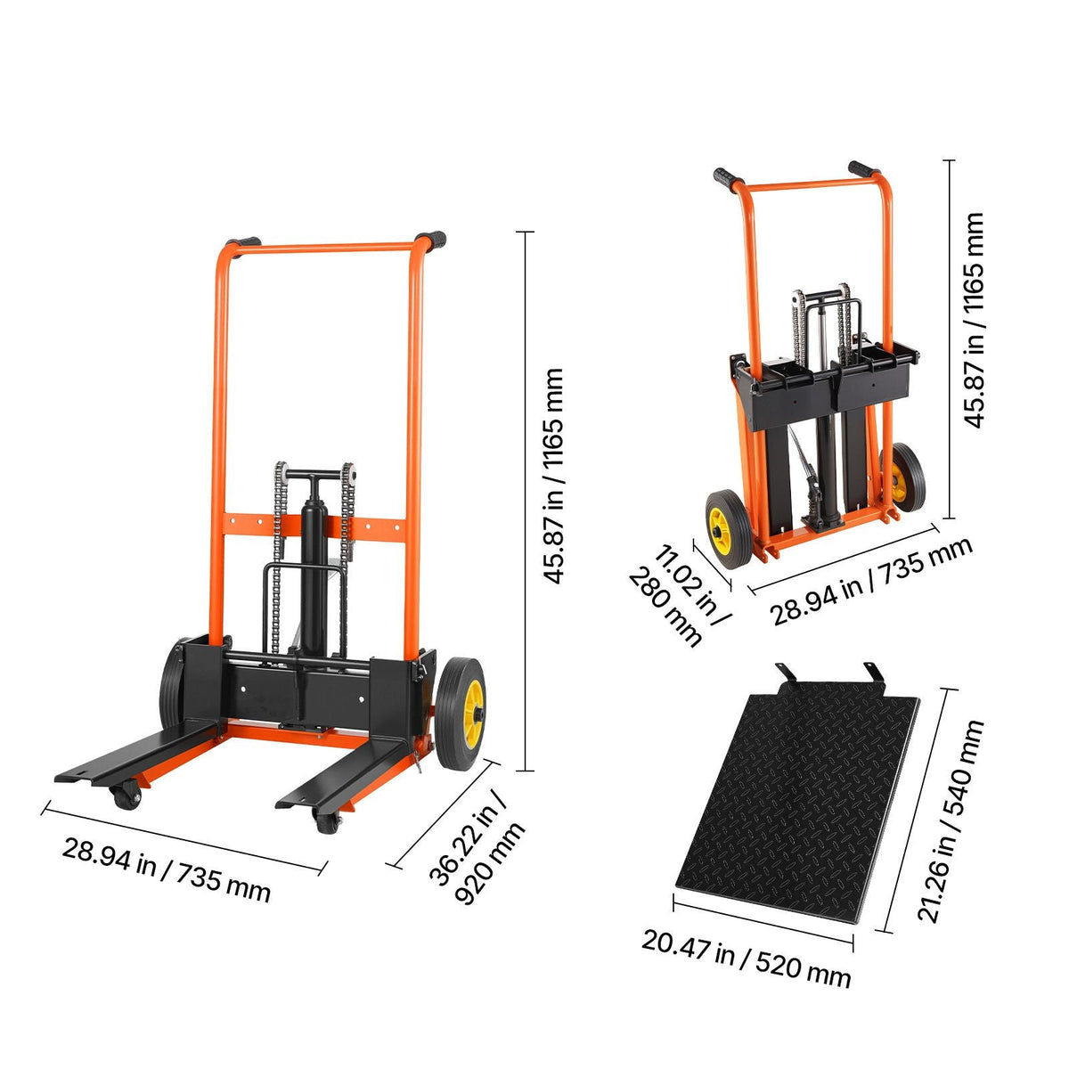 Hydraulic Material Lift Winch Stacker, 450 lbs Load Capacity, Pallet Truck Dolly with Fork Lift Table, 35.4 Inches Max Lifting Height, Foldable & Portable Pallet Jack Table Cart, Orange & Black