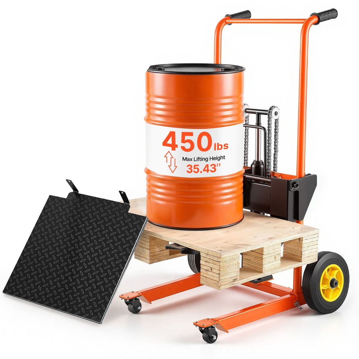 Hydraulic Material Lift Winch Stacker, 450 lbs Load Capacity, Pallet Truck Dolly with Fork Lift Table, 35.4 Inches Max Lifting Height, Foldable & Portable Pallet Jack Table Cart, Orange & Black