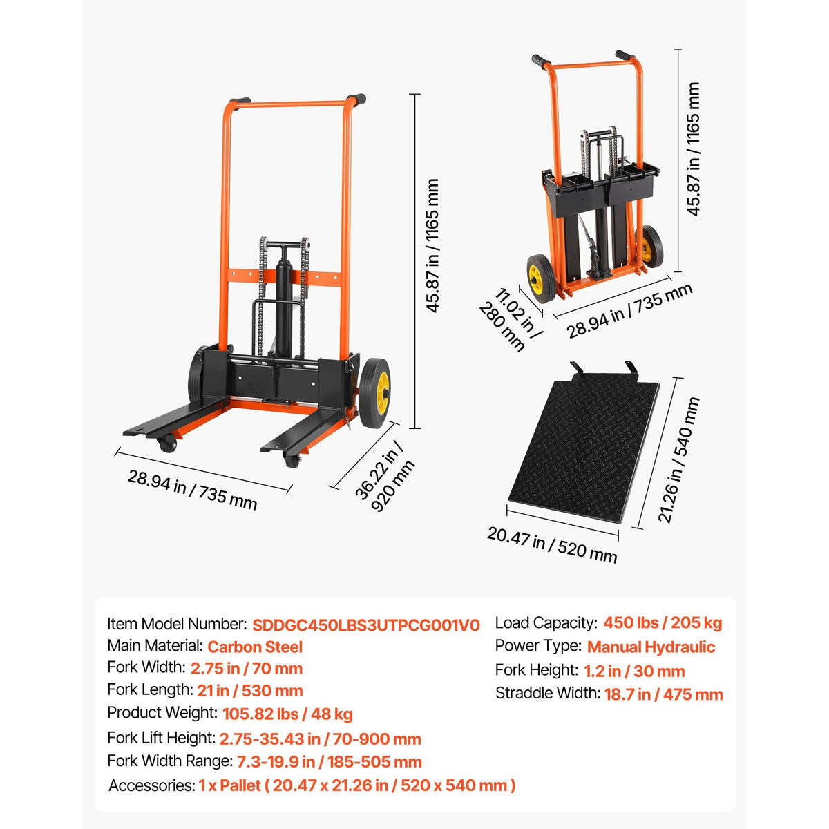 Hydraulic Material Lift Winch Stacker, 450 lbs Load Capacity, Pallet Truck Dolly with Fork Lift Table, 35.4 Inches Max Lifting Height, Foldable & Portable Pallet Jack Table Cart, Orange & Black